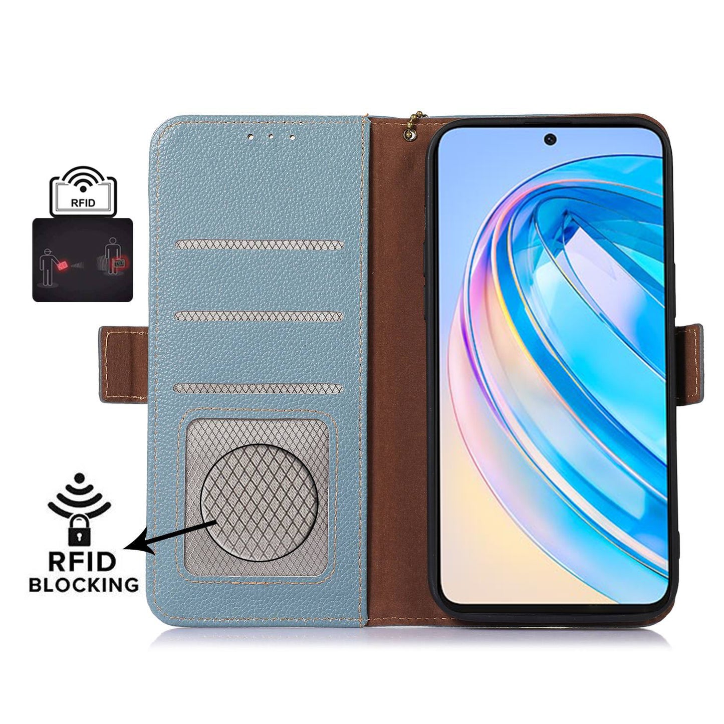 For Huawei nova Y91 4G / Enjoy 60X Wallet Phone Case RFID Blocking Genuine Cow Leather Litchi Texture Stand Cover