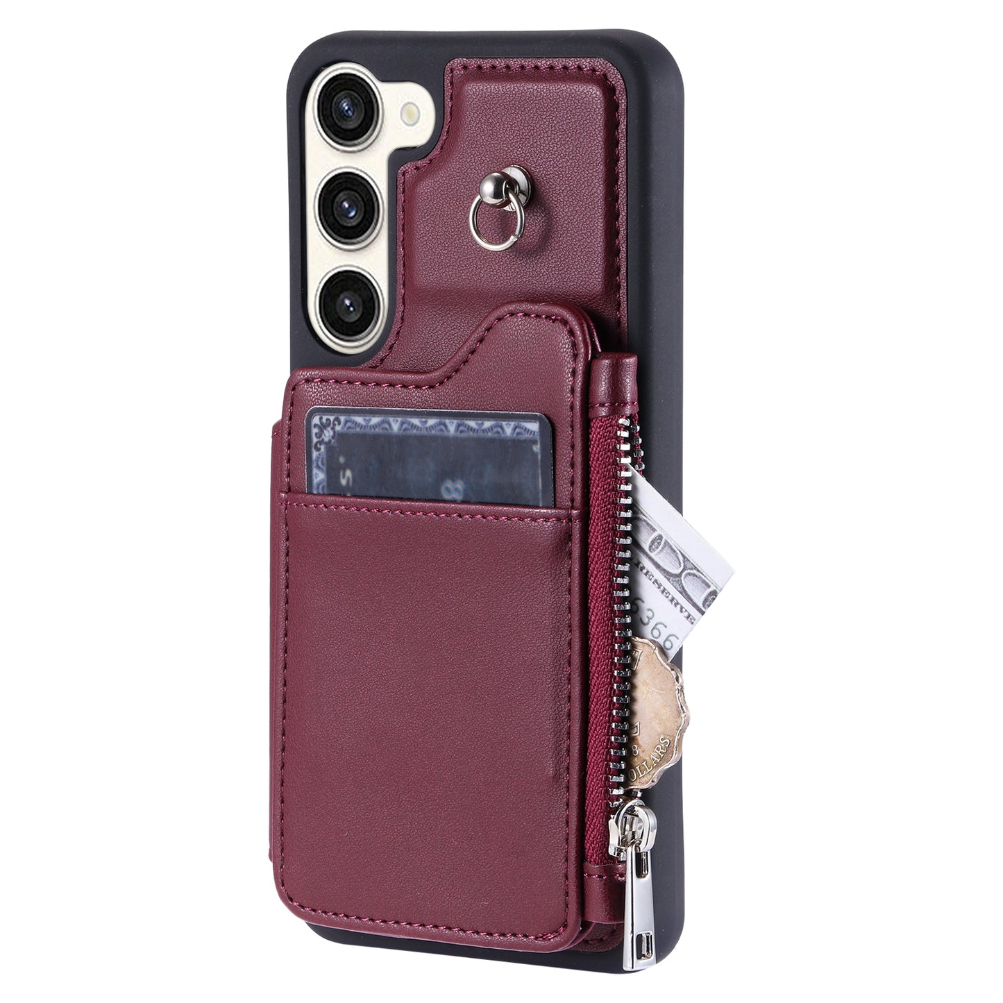 009 For Samsung Galaxy S23+ PU Leather Coated TPU Phone Case RFID Blocking Zipper Wallet Kickstand Cover with Wrist Strap