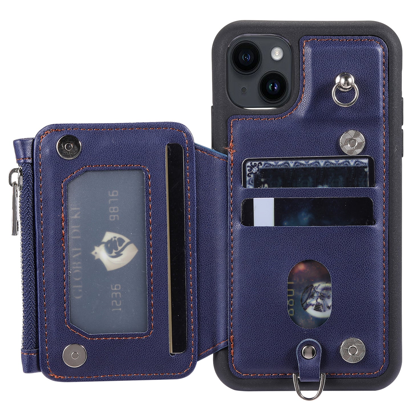 009 Cell Phone Case for iPhone 15 Plus , Kickstand Zipper Wallet RFID Blocking PU+TPU Cover with Strap
