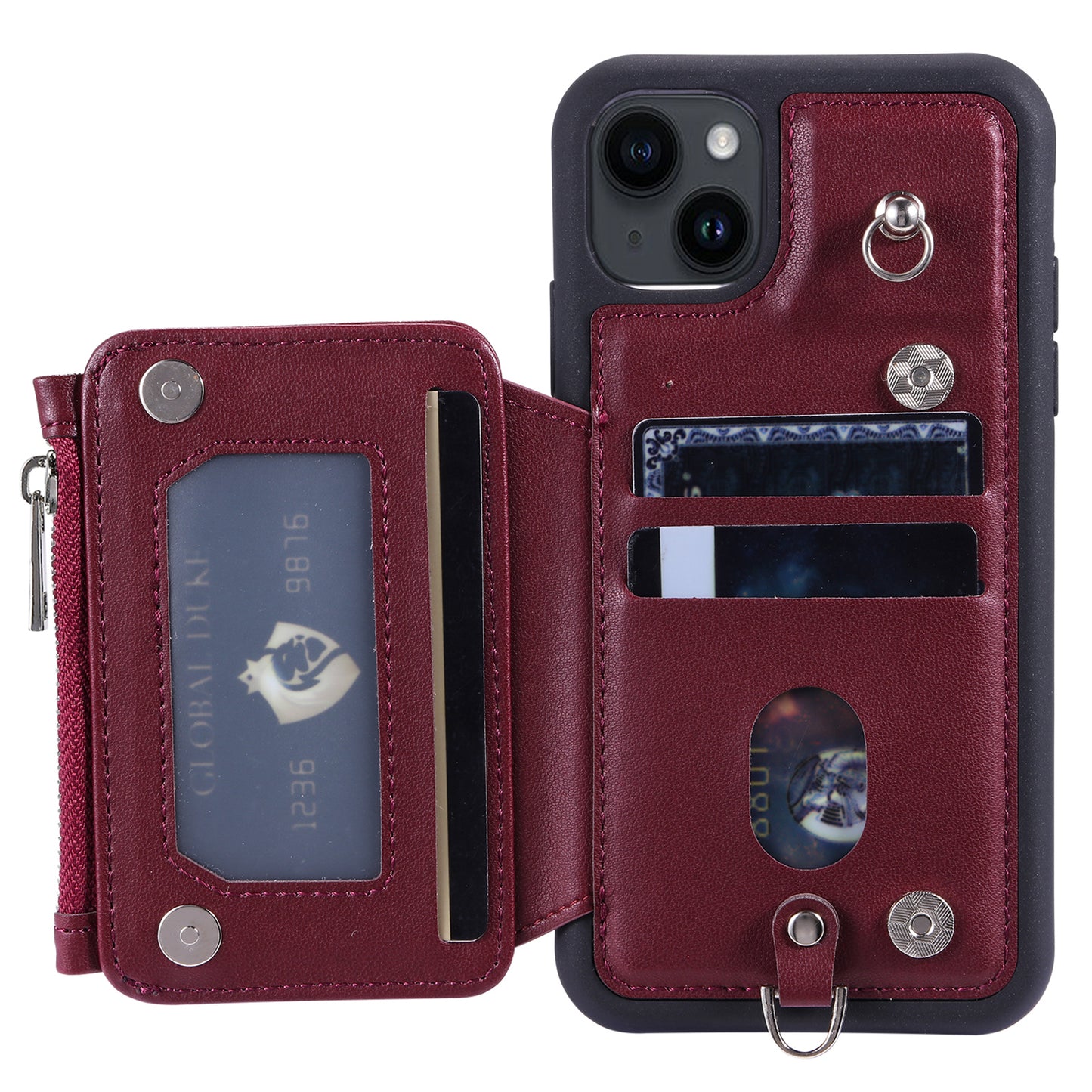 009 Cell Phone Case for iPhone 15 Plus , Kickstand Zipper Wallet RFID Blocking PU+TPU Cover with Strap