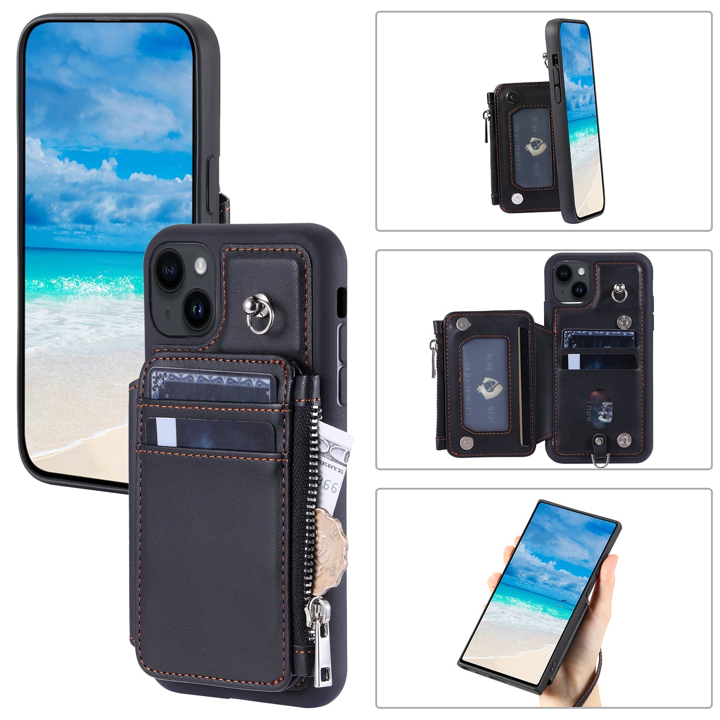 009 RFID Blocking PU+TPU Phone Cover for iPhone 15 Plus Kickstand Zipper Wallet Phone Case with Straps
