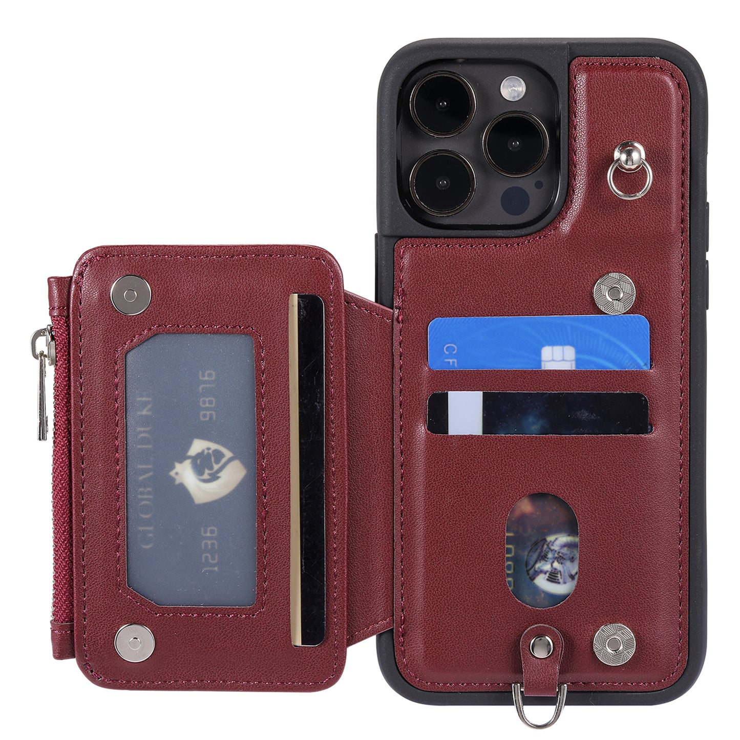 009 Kickstand Phone Case for iPhone 15 Pro Max Zipper Wallet Phone Cover RFID Blocking PU+TPU Case with Straps