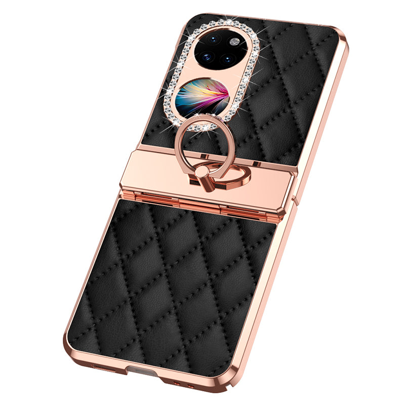 For Huawei P50 Pocket Imprinted Leather Coated PC Phone Case Rhinestone Ring Kickstand Electroplating Phone Cover
