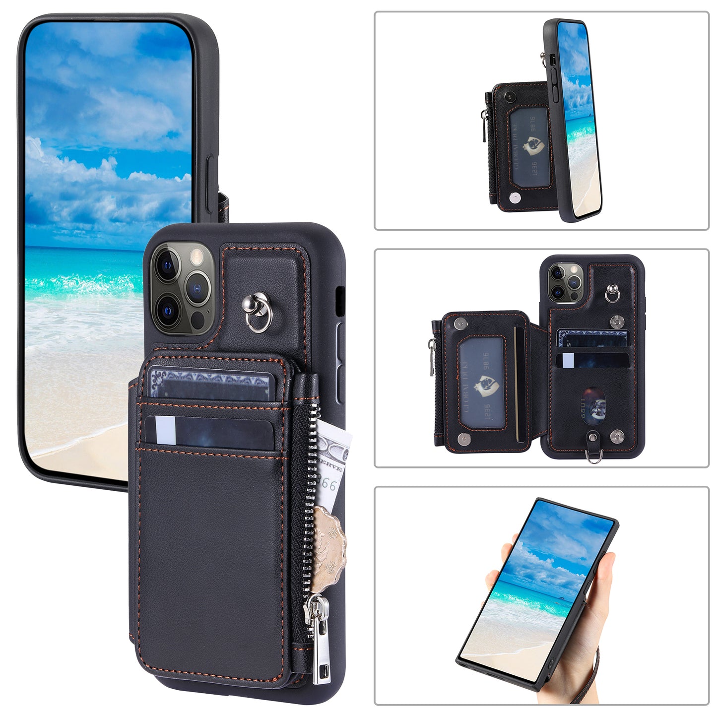 009 Phone Case for iPhone 12 / 12 Pro 6.1 inch , RFID Blocking PU+TPU Cover Kickstand Zipper Wallet Shell with Strap