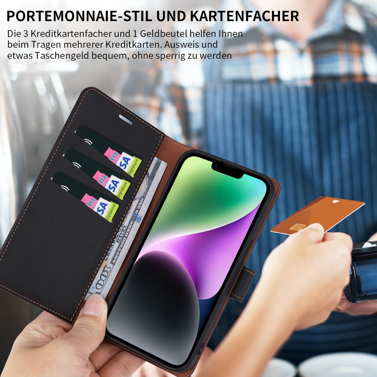 001 For iPhone 15 Pro RFID Blocking Wallet Magnetic Closure Phone Case PU Leather Stand Cover