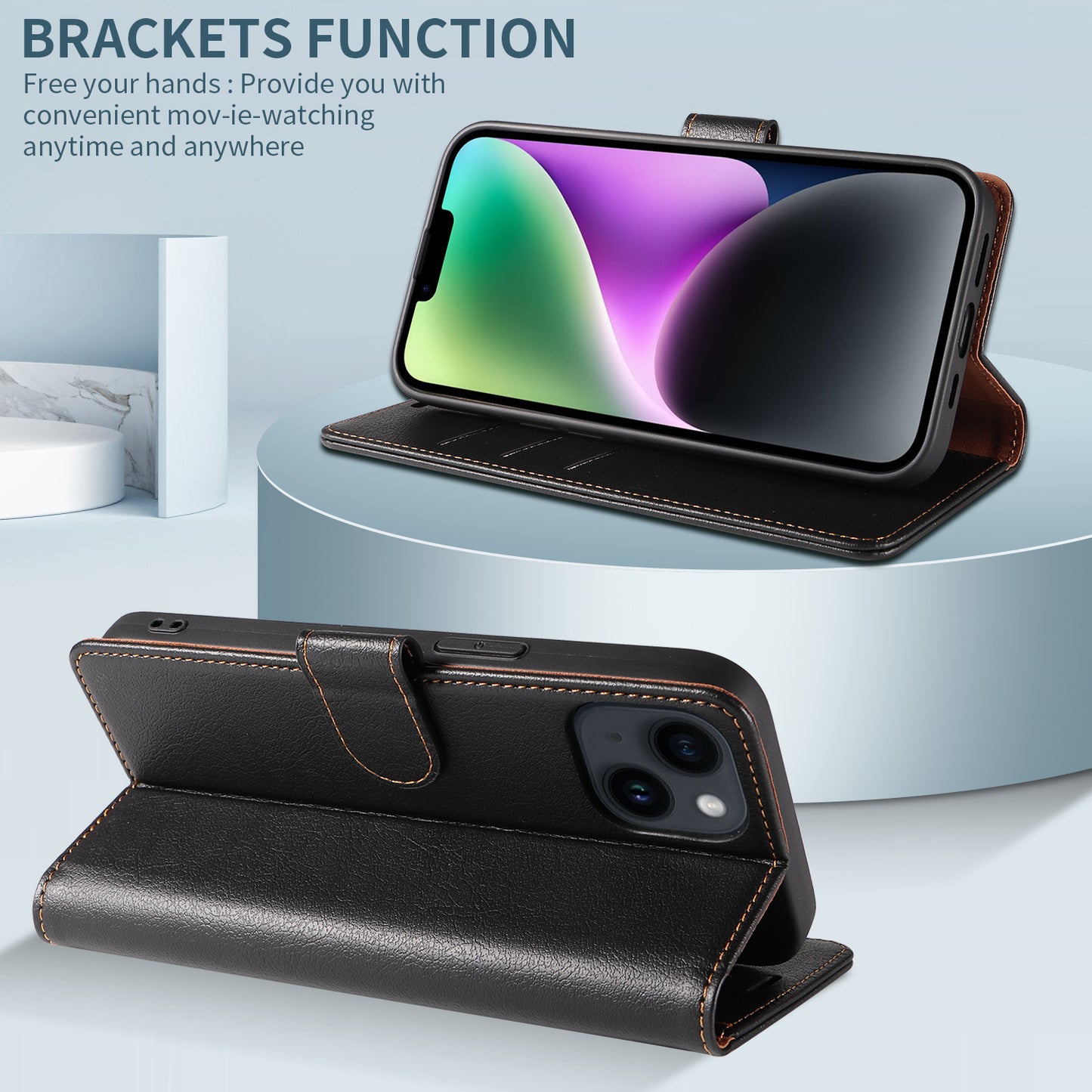 001 For iPhone 15 Pro RFID Blocking Wallet Magnetic Closure Phone Case PU Leather Stand Cover