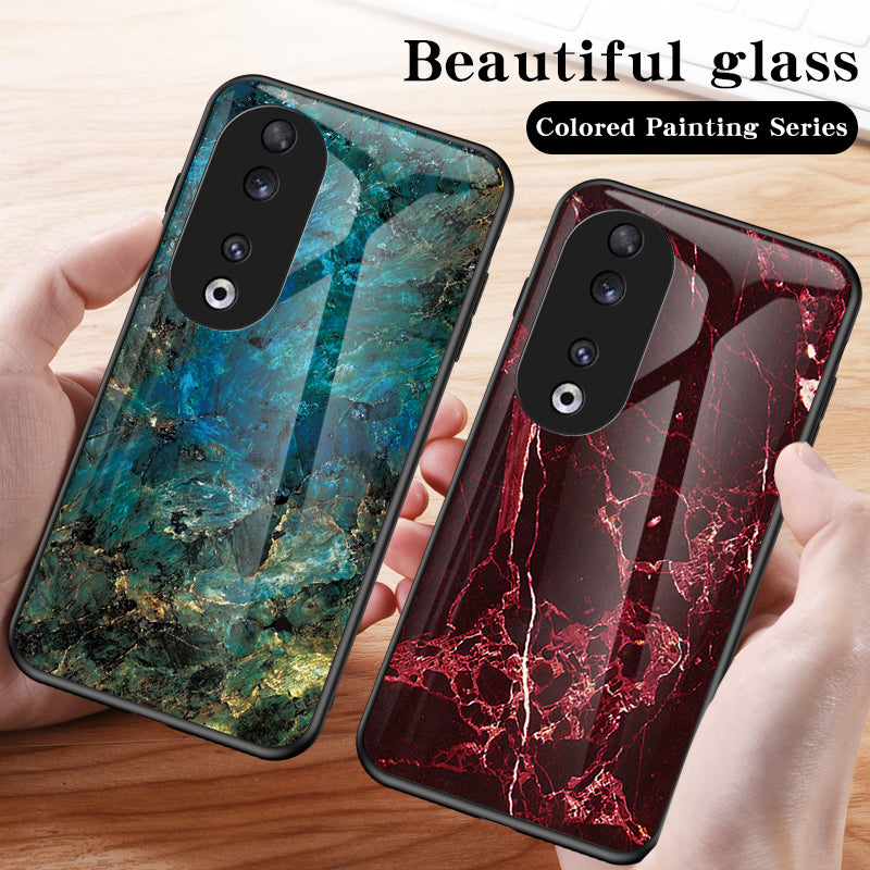 For Honor 90 Marble Pattern Back Case Tempered Glass+PC+TPU Shockproof Phone Cover