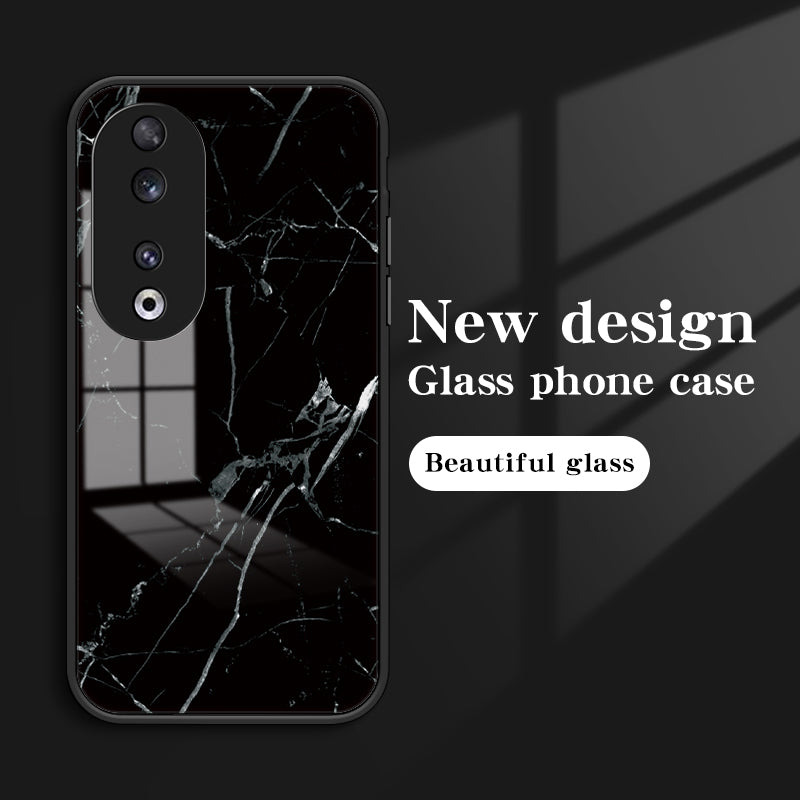 For Honor 90 Marble Pattern Back Case Tempered Glass+PC+TPU Shockproof Phone Cover