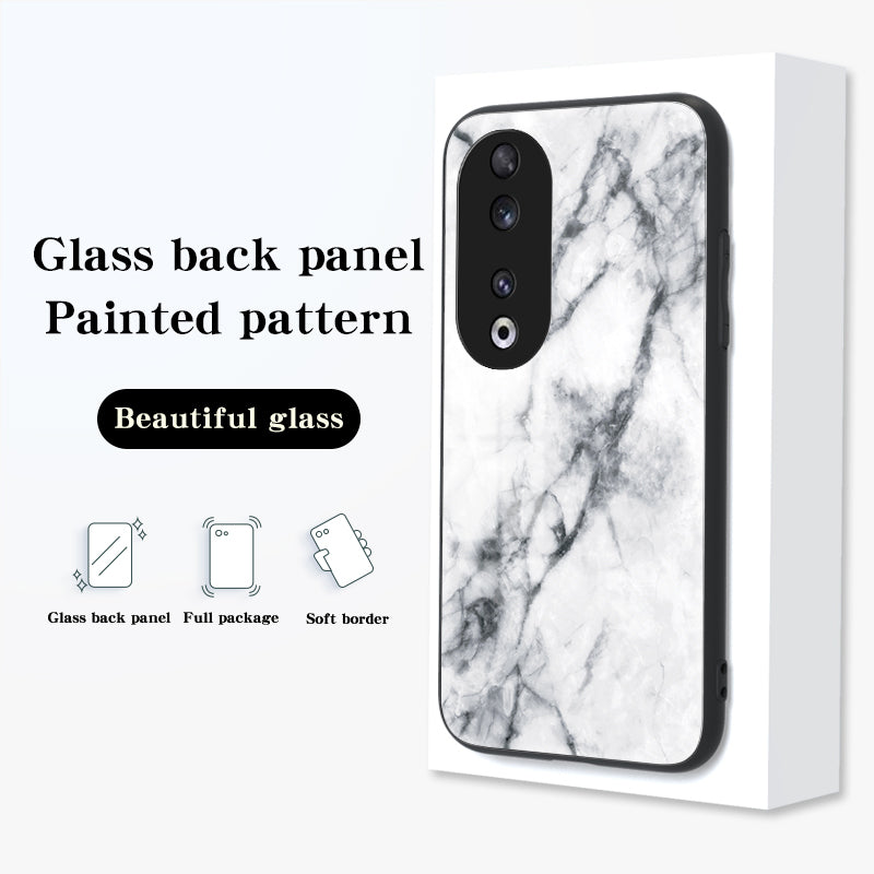 For Honor 90 Marble Pattern Back Case Tempered Glass+PC+TPU Shockproof Phone Cover
