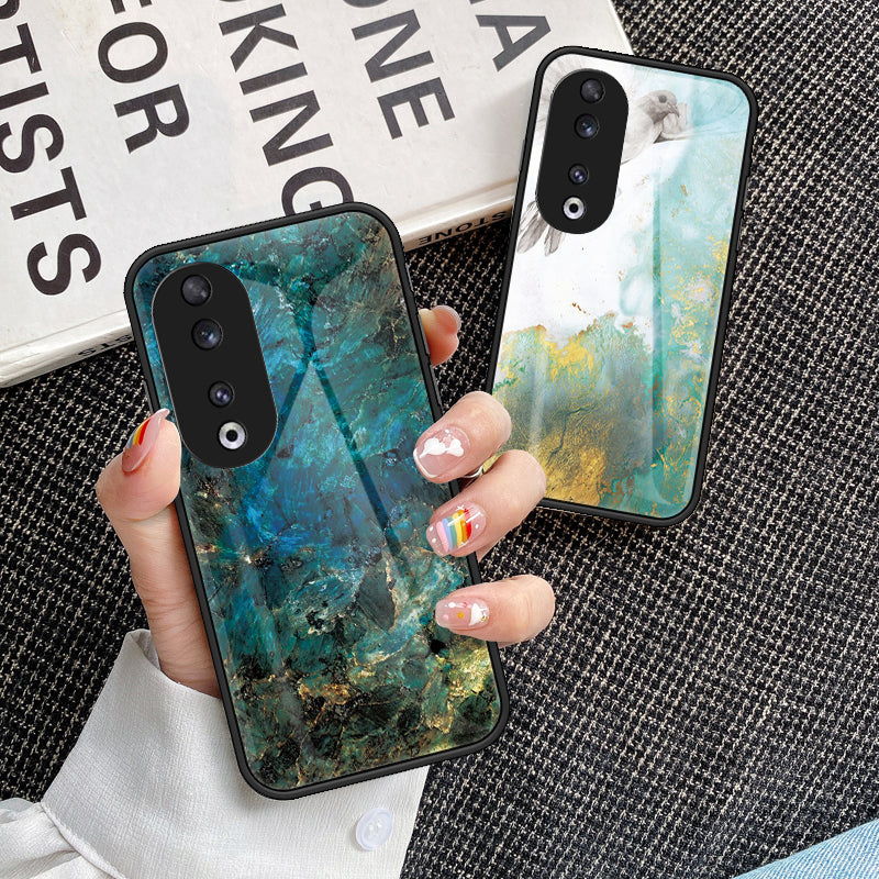 For Honor 90 Marble Pattern Back Case Tempered Glass+PC+TPU Shockproof Phone Cover