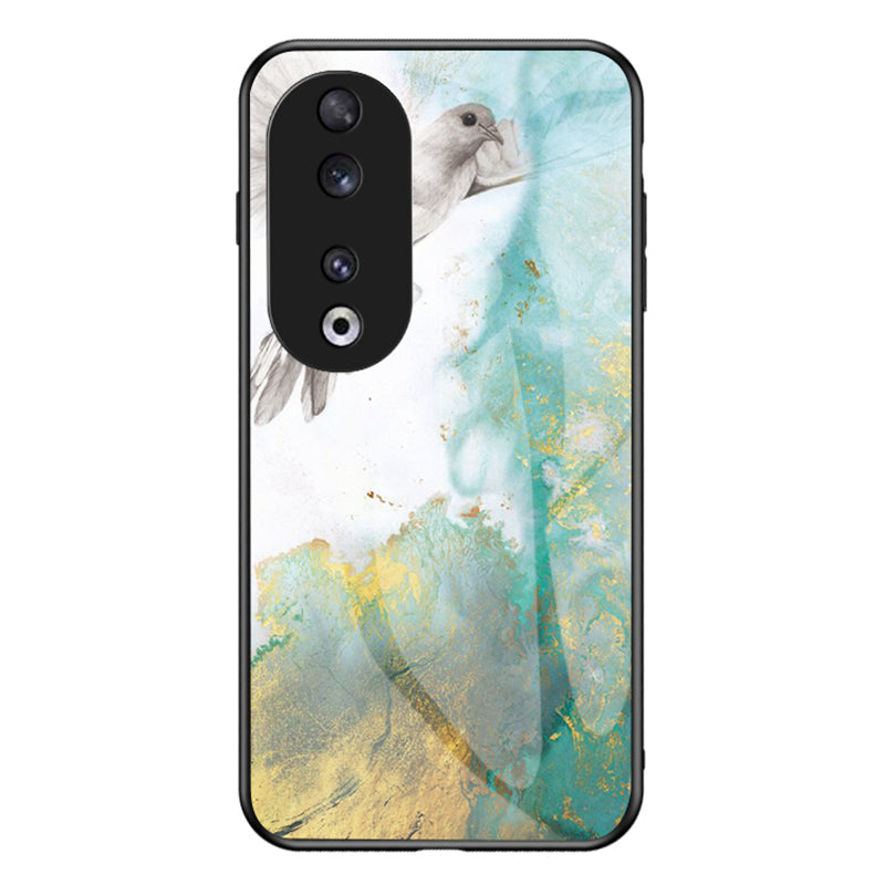 For Honor 90 Marble Pattern Back Case Tempered Glass+PC+TPU Shockproof Phone Cover