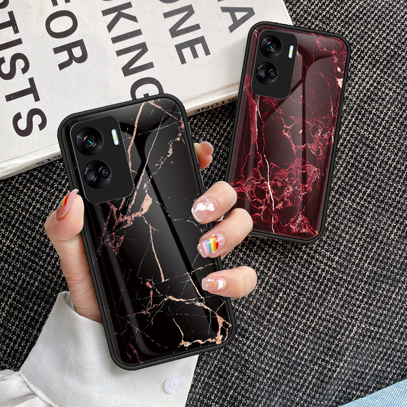For Honor 90 Lite 5G Marble Pattern Anti-drop Phone Case PC+TPU+Tempered Glass Cover