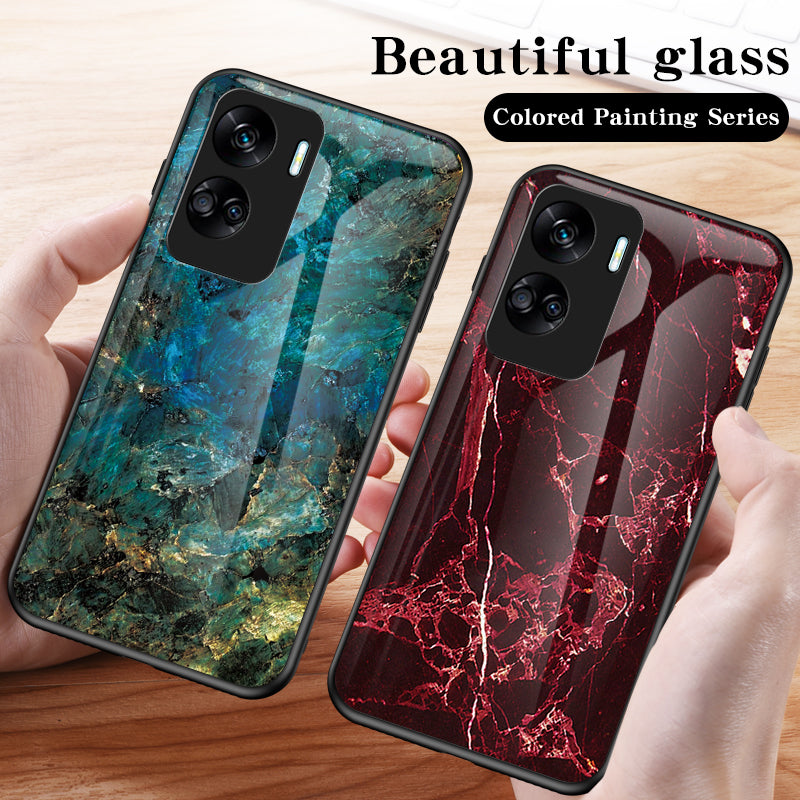For Honor 90 Lite 5G Marble Pattern Anti-drop Phone Case PC+TPU+Tempered Glass Cover