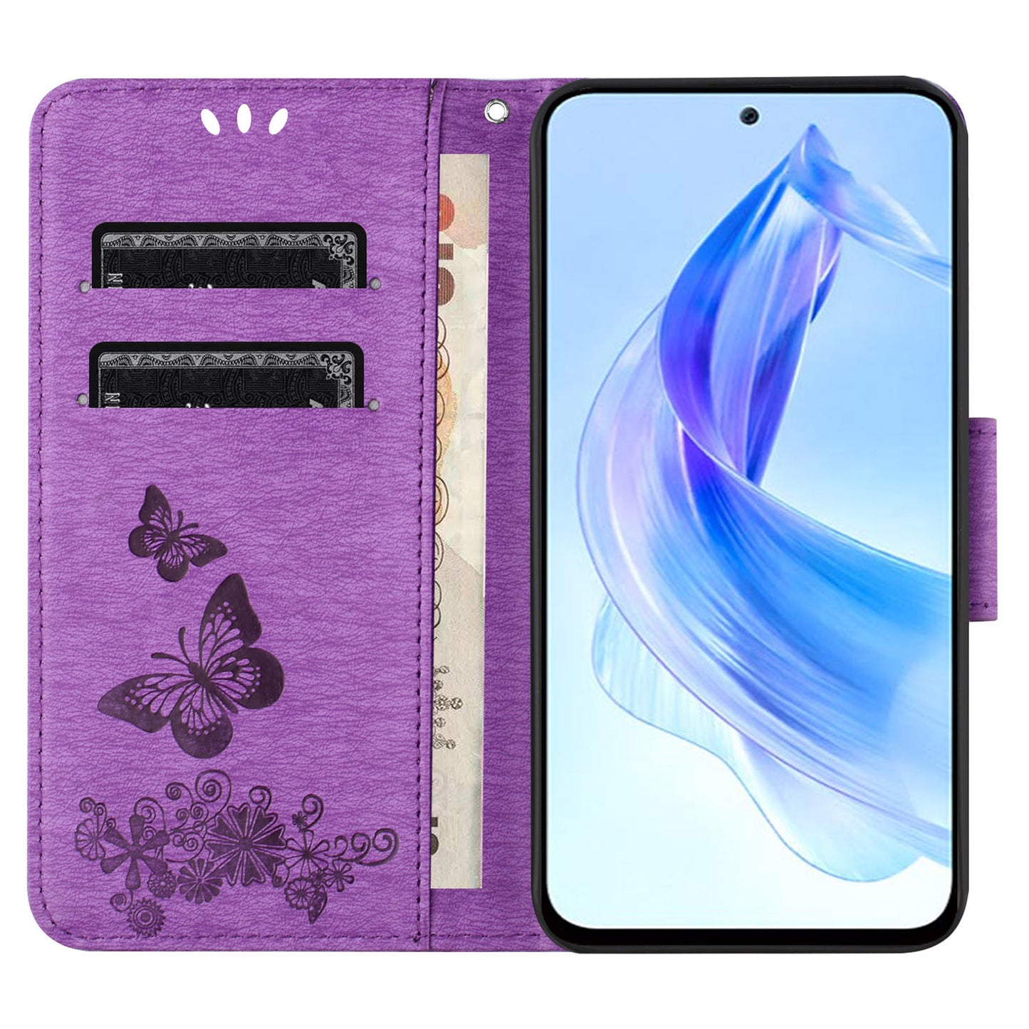 For Honor 90 Lite 5G / X50i 5G Butterflies Flower Imprinting Stand Phone Cover Leather Wallet Case