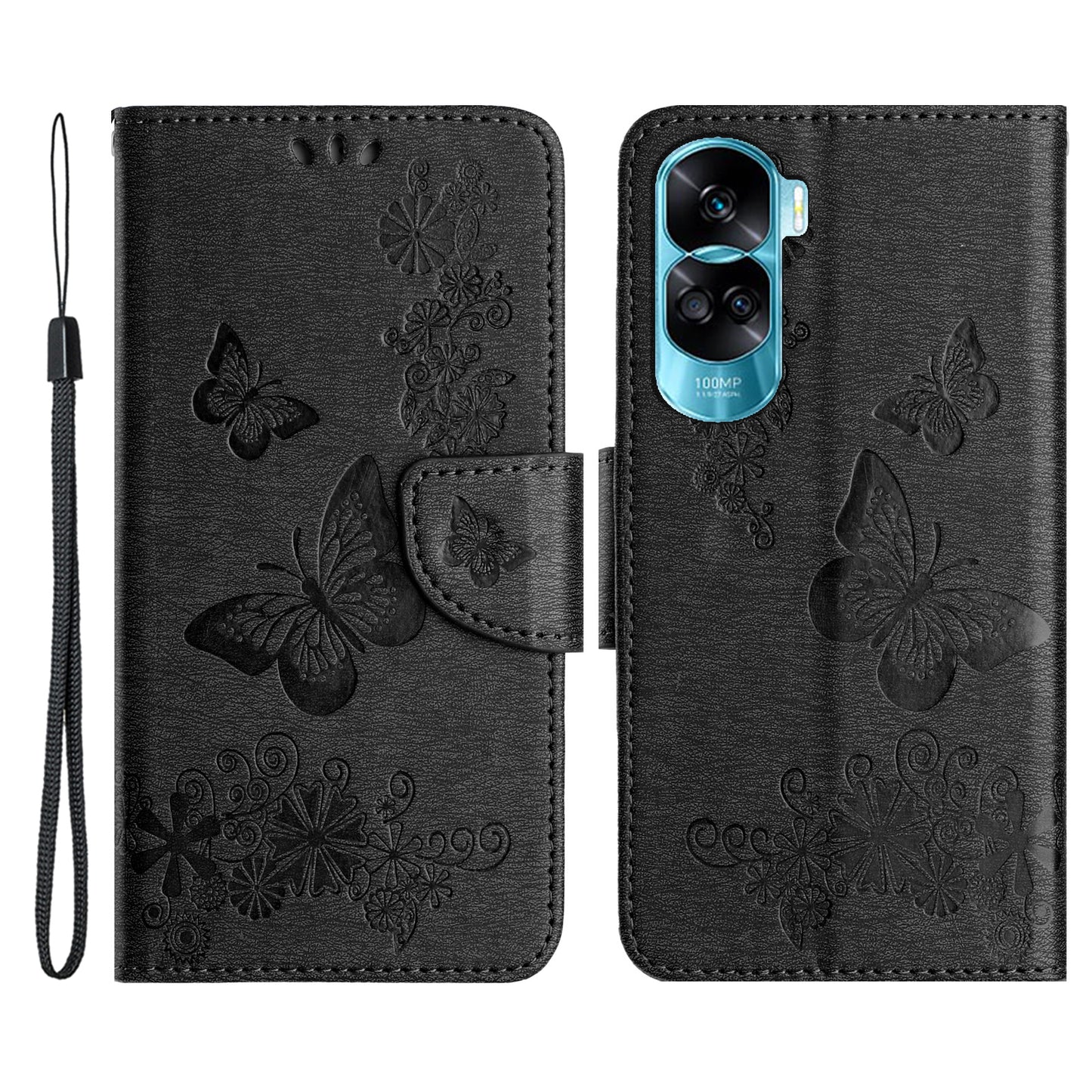 For Honor 90 Lite 5G / X50i 5G Butterflies Flower Imprinting Stand Phone Cover Leather Wallet Case