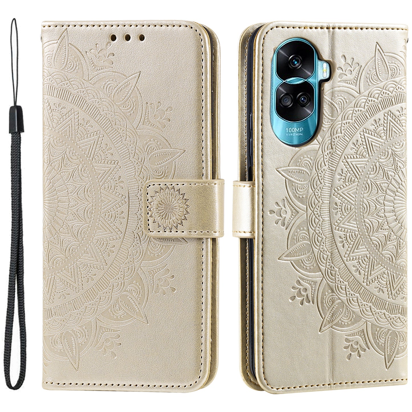 For Honor 90 Lite 5G / X50i 5G Leather Wallet Phone Cover Mandala Flower Imprint Stand Case with Strap