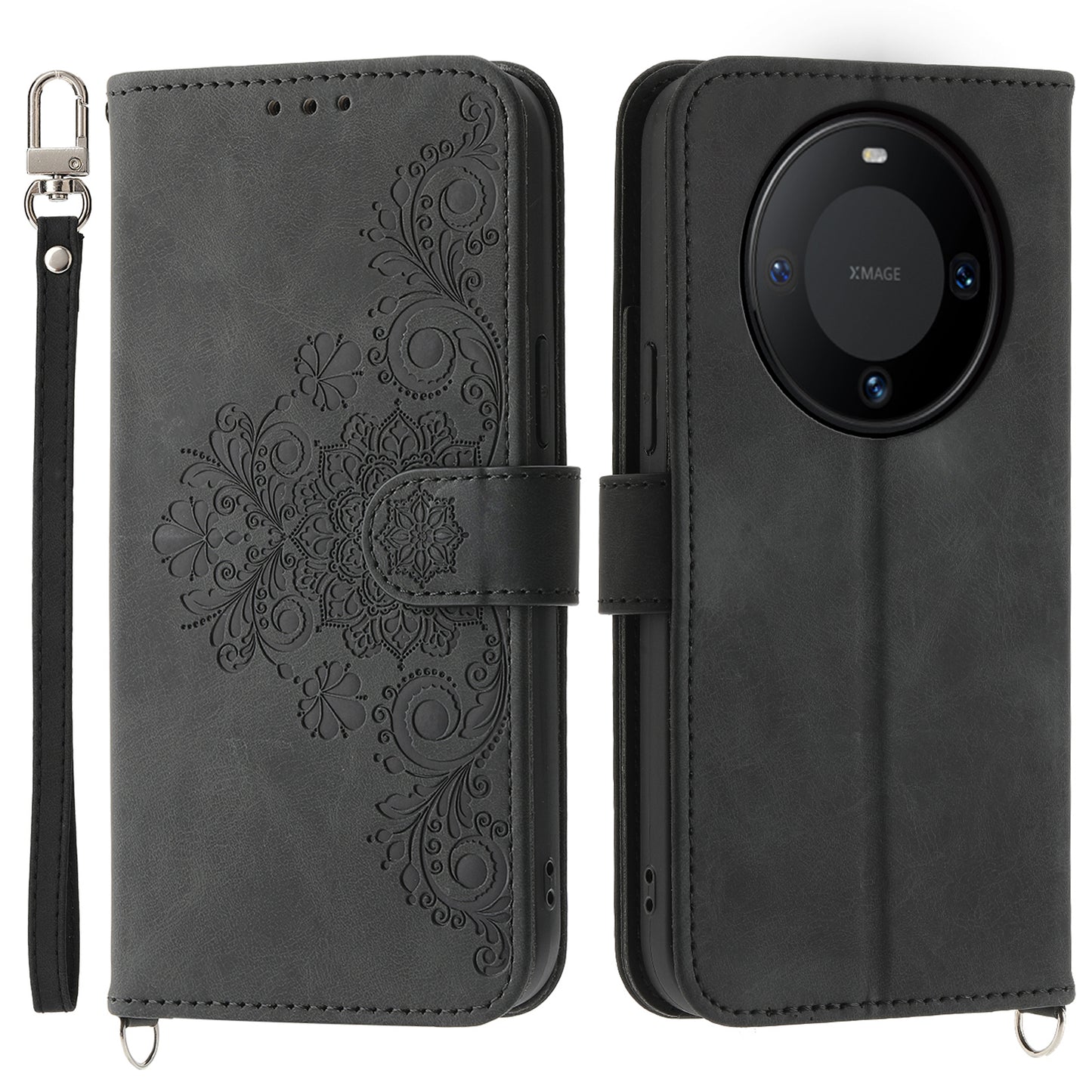 For Huawei Mate 60 Stand Wallet Phone Case PU Leather Imprinted Flower Phone Cover with Wrist Strap + Shoulder Strap