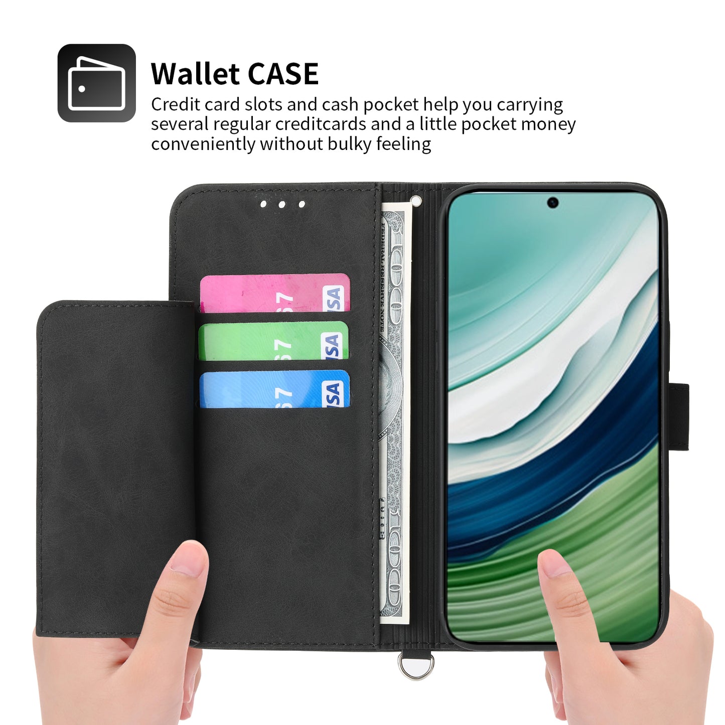 For Huawei Mate 60 Stand Wallet Phone Case PU Leather Imprinted Flower Phone Cover with Wrist Strap + Shoulder Strap