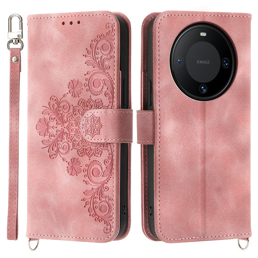 For Huawei Mate 60 Pro Phone Leather Case Imprinted Flower Stand Wallet Cover with Wrist Strap + Shoulder Strap