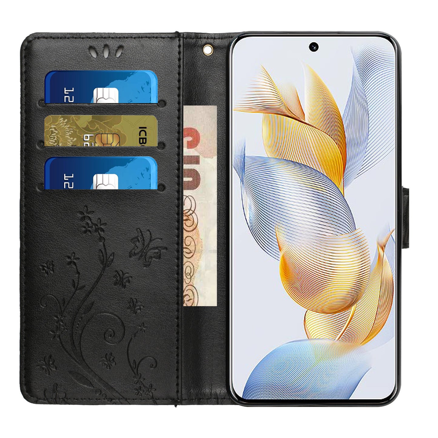 For Honor 90 PU Leather Wallet Cover Drop-proof Butterfly Imprinted Flip Stand Phone Case