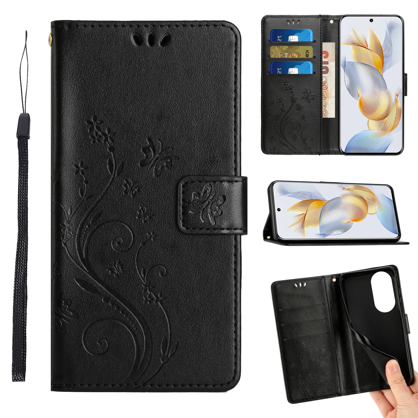 For Honor 90 PU Leather Wallet Cover Drop-proof Butterfly Imprinted Flip Stand Phone Case