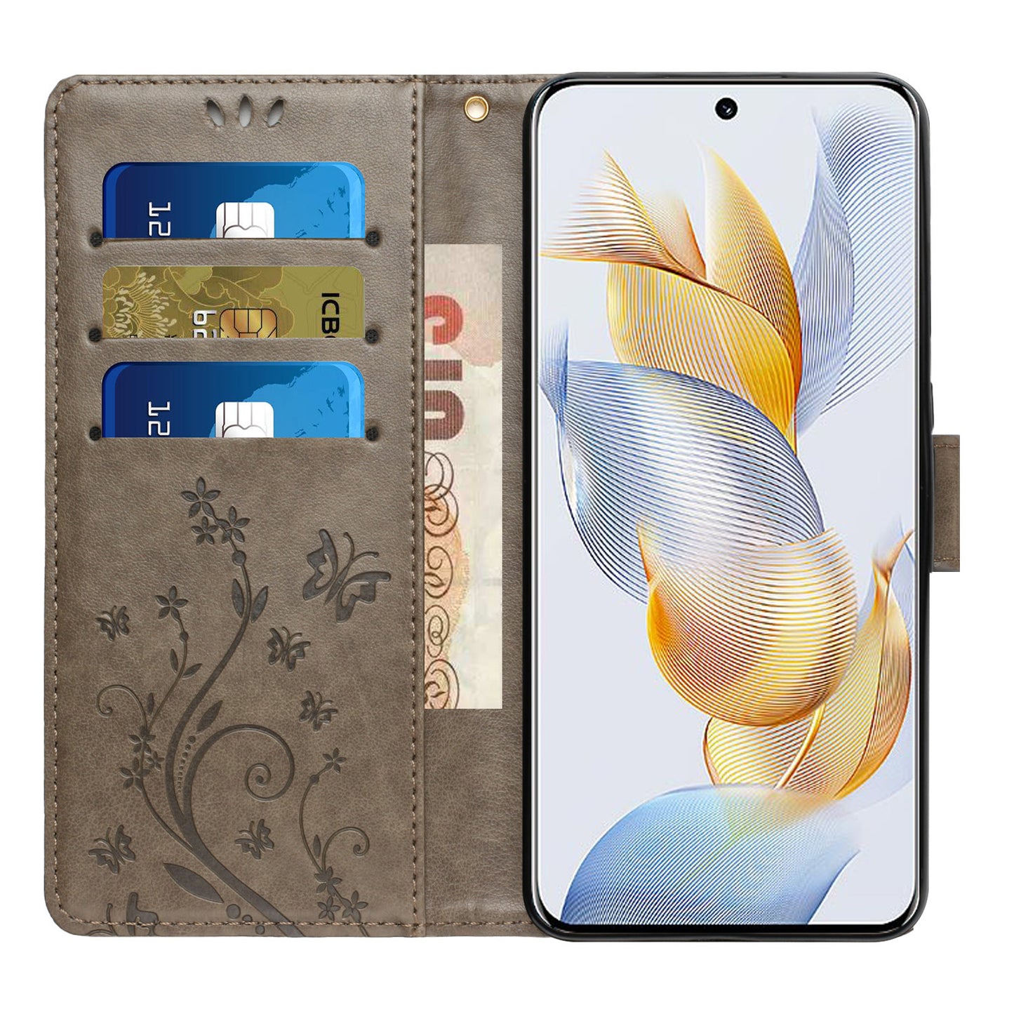For Honor 90 PU Leather Wallet Cover Drop-proof Butterfly Imprinted Flip Stand Phone Case