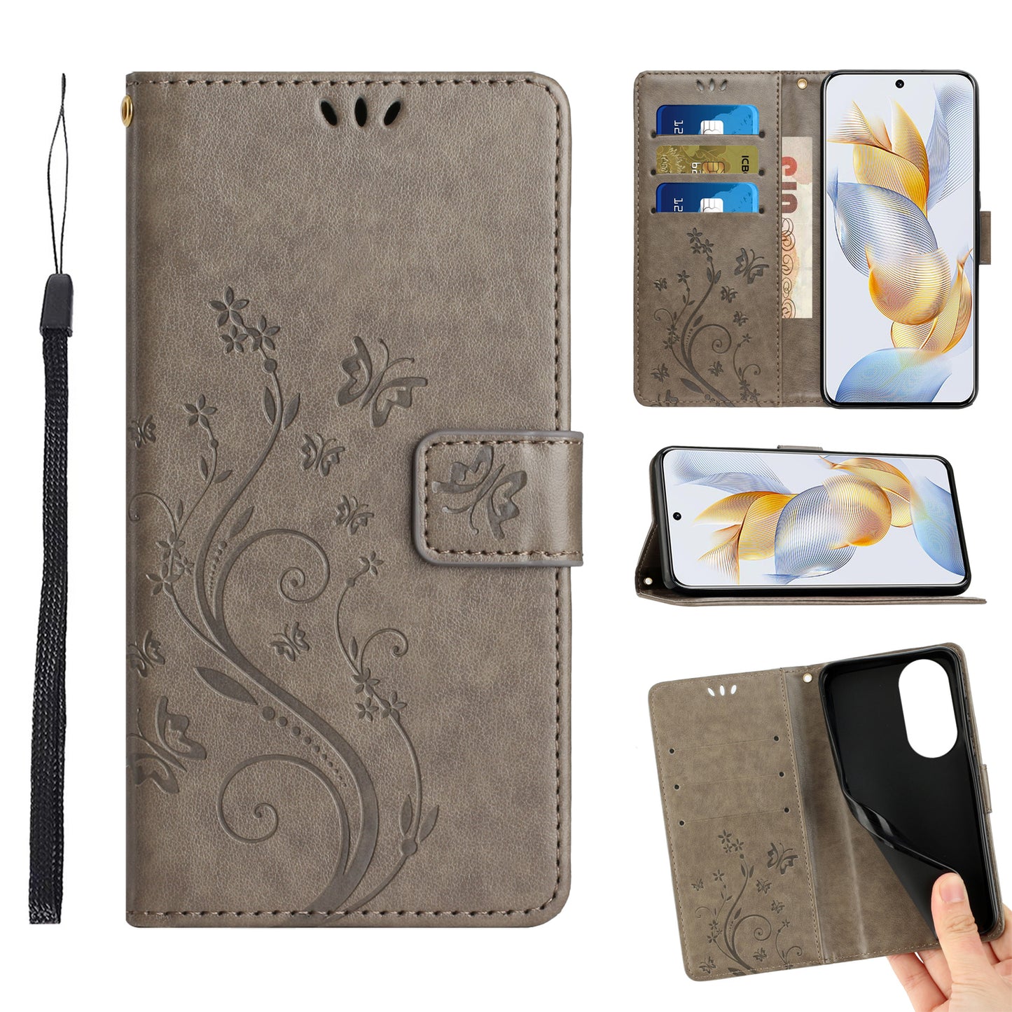 For Honor 90 PU Leather Wallet Cover Drop-proof Butterfly Imprinted Flip Stand Phone Case