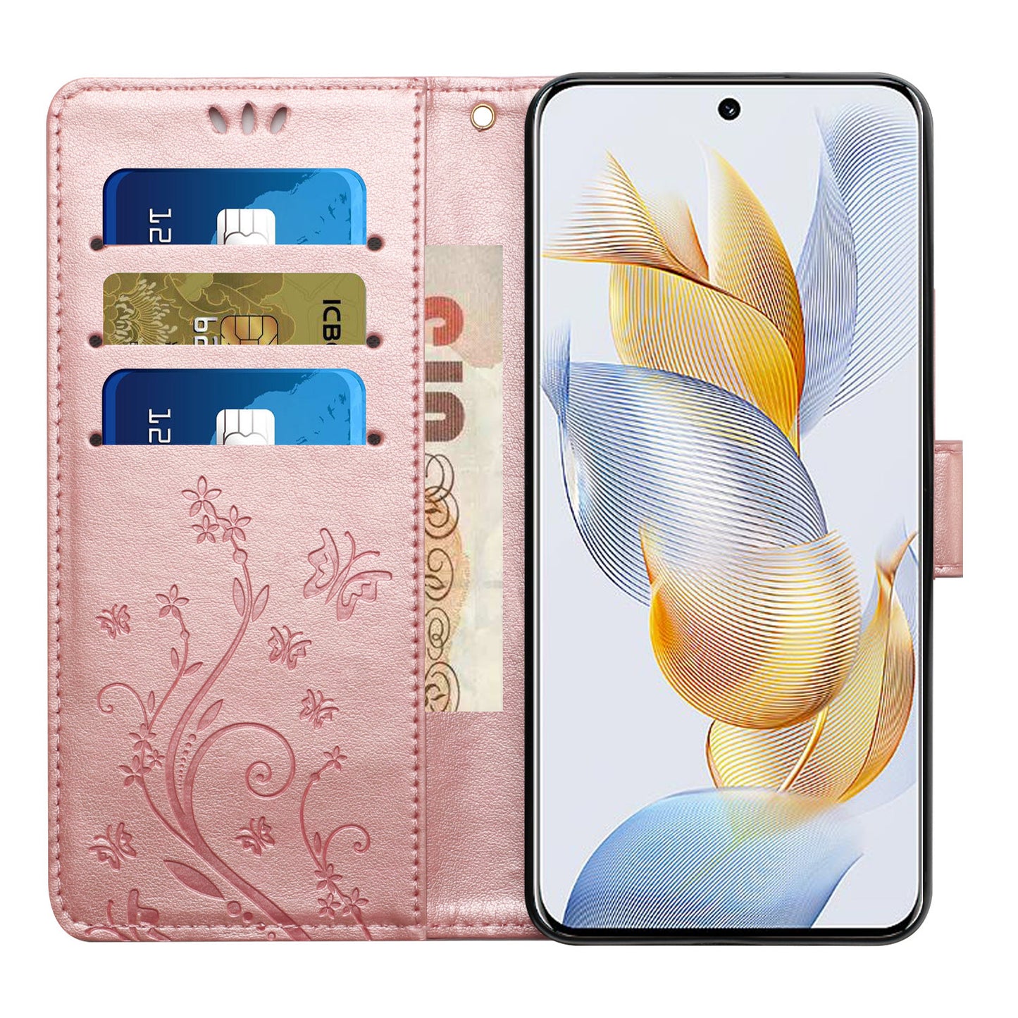 For Honor 90 PU Leather Wallet Cover Drop-proof Butterfly Imprinted Flip Stand Phone Case
