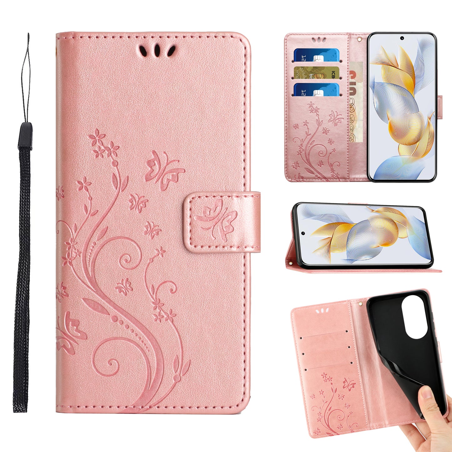 For Honor 90 PU Leather Wallet Cover Drop-proof Butterfly Imprinted Flip Stand Phone Case