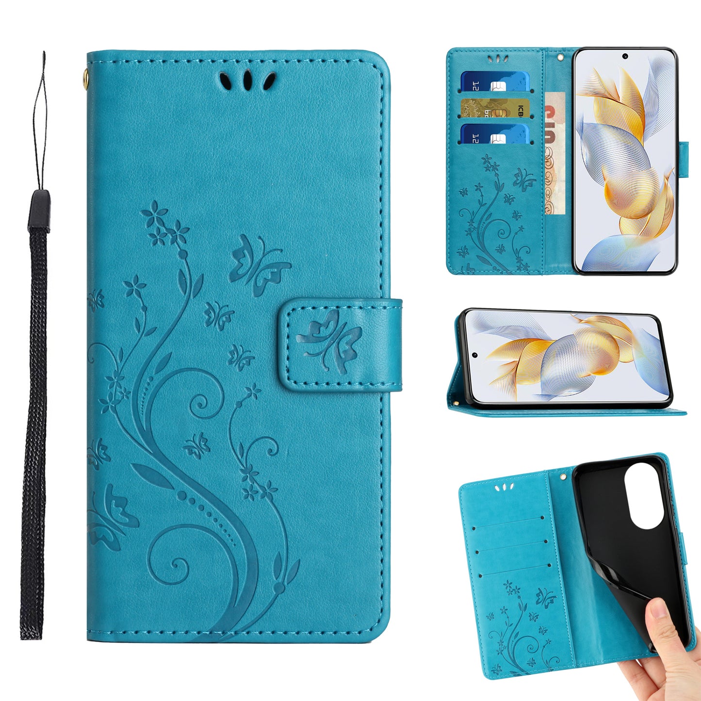 For Honor 90 PU Leather Wallet Cover Drop-proof Butterfly Imprinted Flip Stand Phone Case