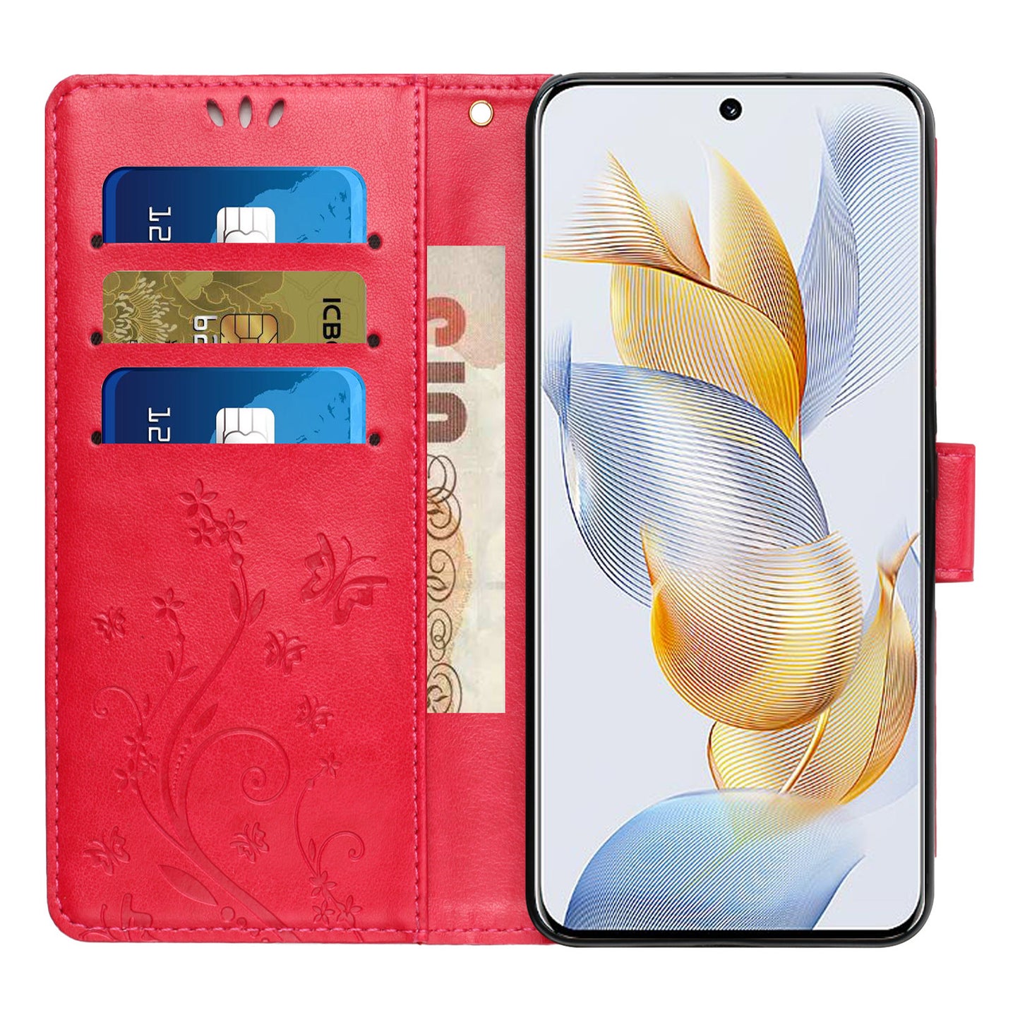 For Honor 90 PU Leather Wallet Cover Drop-proof Butterfly Imprinted Flip Stand Phone Case