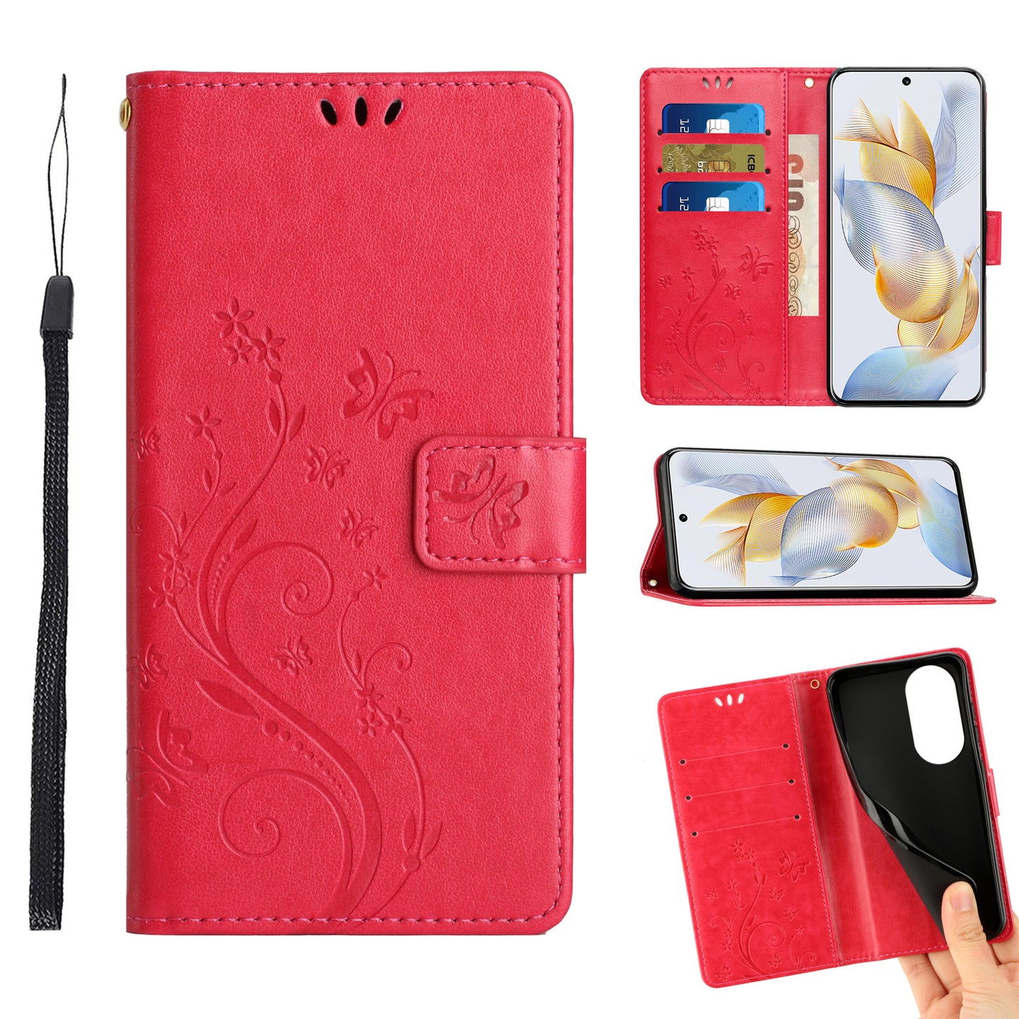 For Honor 90 PU Leather Wallet Cover Drop-proof Butterfly Imprinted Flip Stand Phone Case