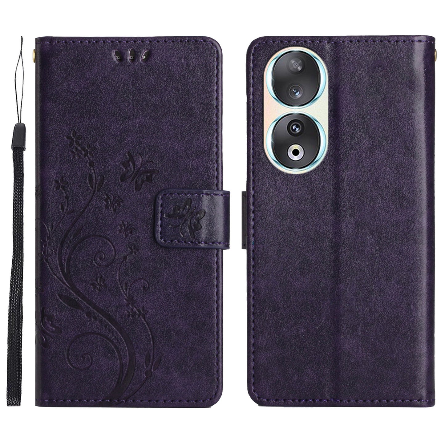 For Honor 90 PU Leather Wallet Cover Drop-proof Butterfly Imprinted Flip Stand Phone Case