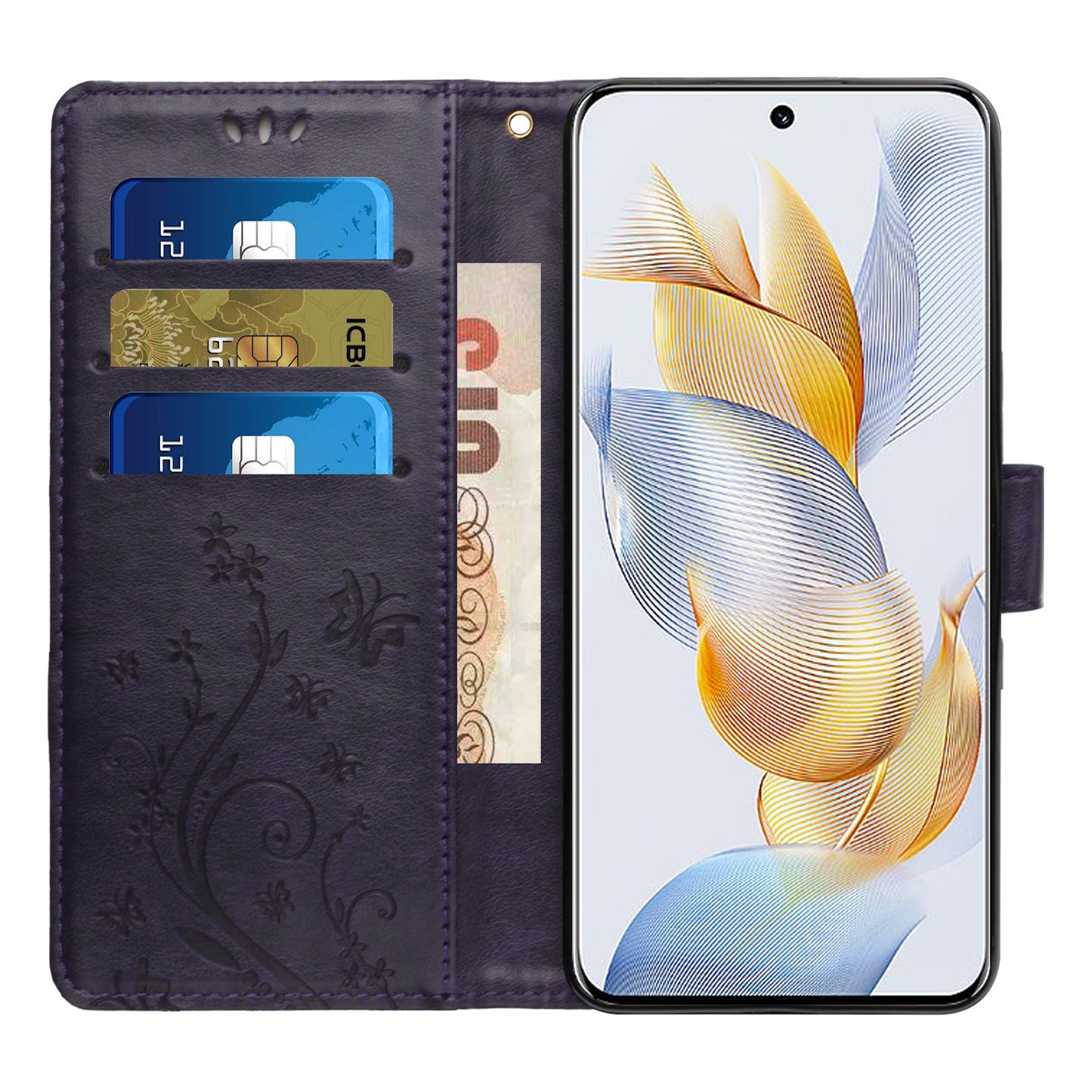For Honor 90 PU Leather Wallet Cover Drop-proof Butterfly Imprinted Flip Stand Phone Case