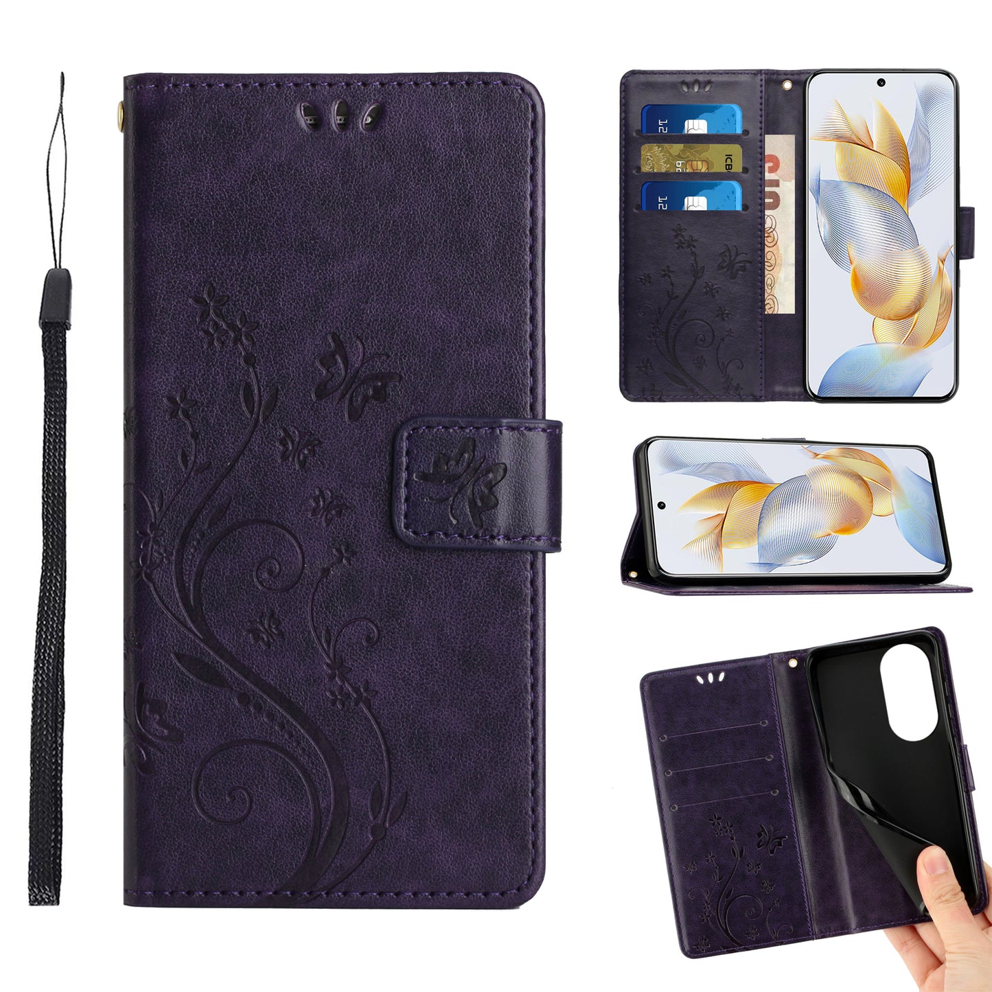 For Honor 90 PU Leather Wallet Cover Drop-proof Butterfly Imprinted Flip Stand Phone Case