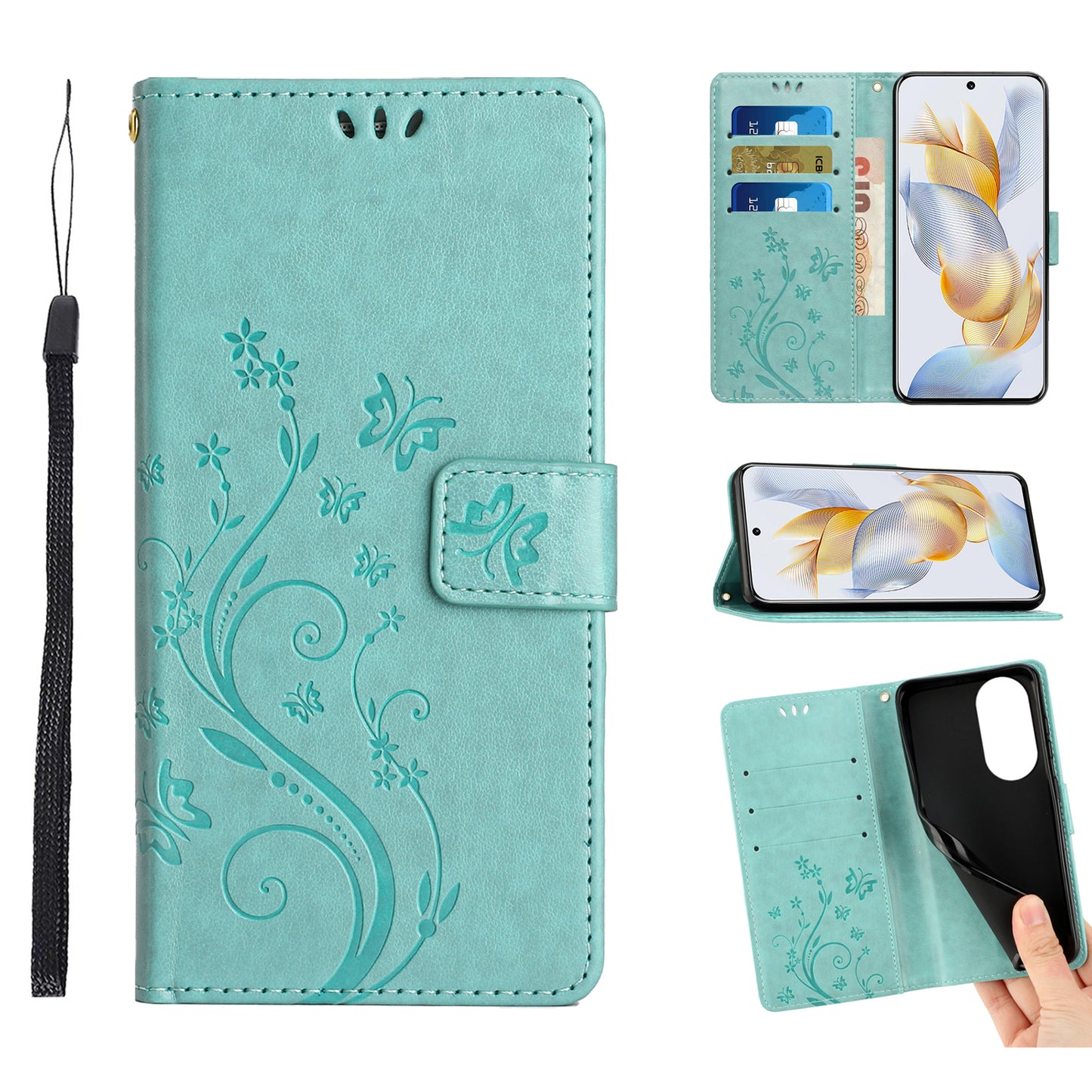 For Honor 90 PU Leather Wallet Cover Drop-proof Butterfly Imprinted Flip Stand Phone Case