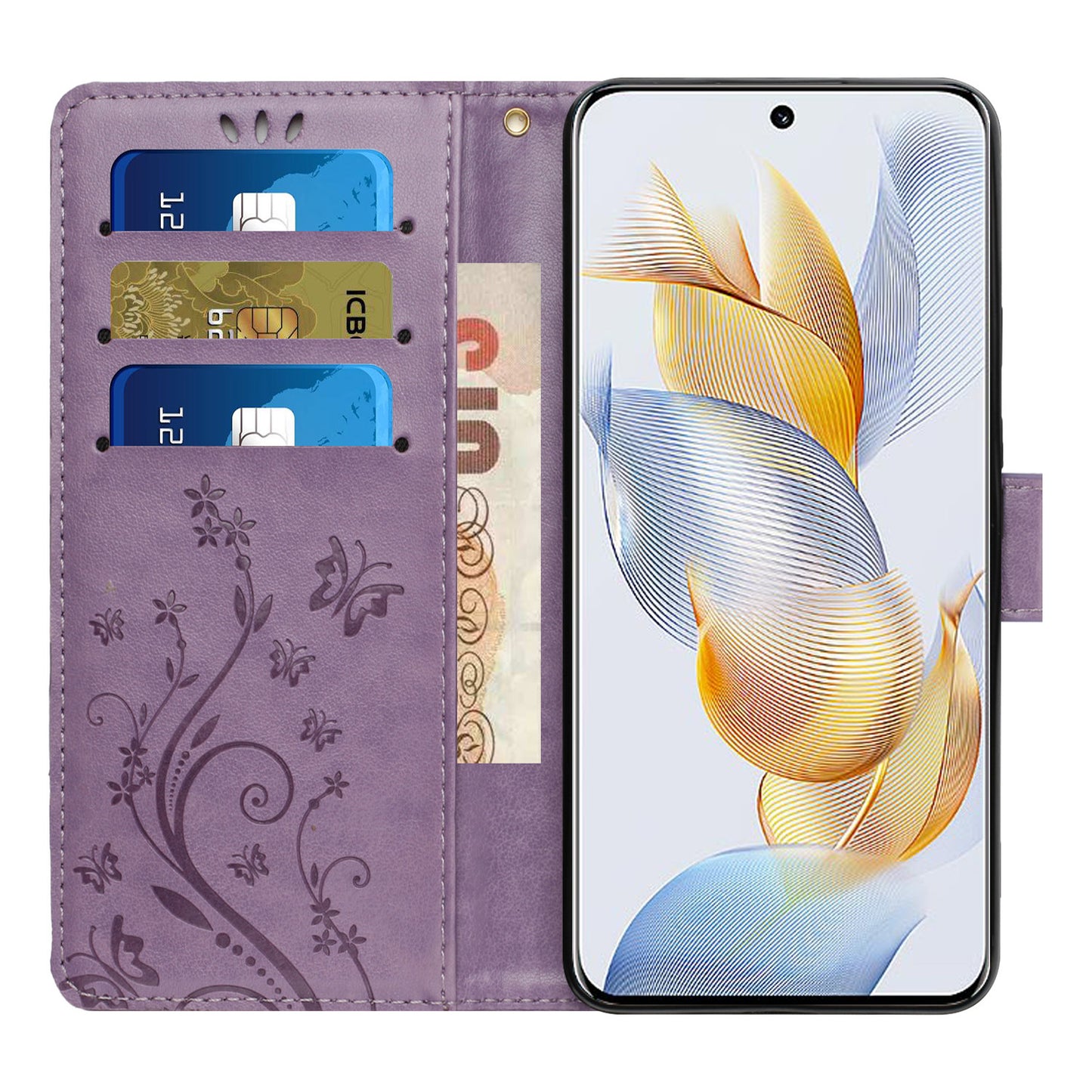 For Honor 90 PU Leather Wallet Cover Drop-proof Butterfly Imprinted Flip Stand Phone Case