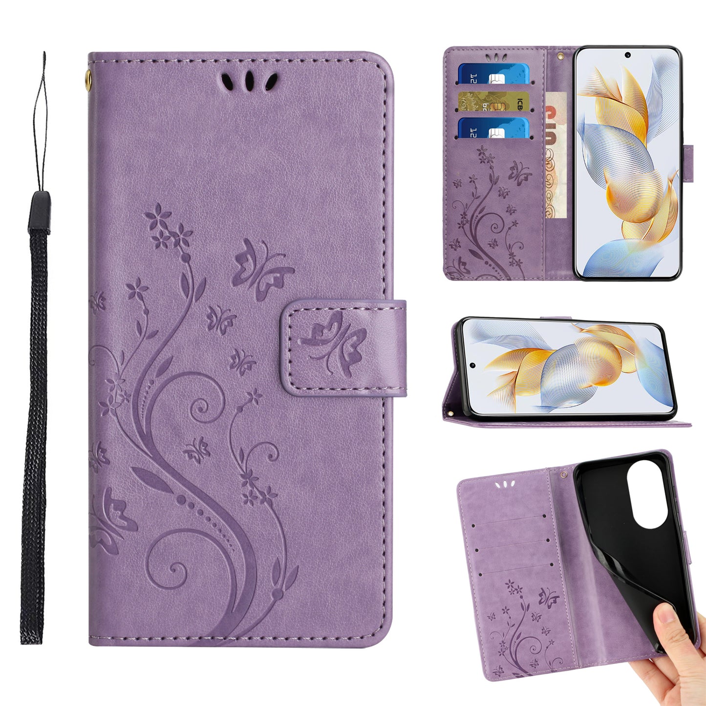 For Honor 90 PU Leather Wallet Cover Drop-proof Butterfly Imprinted Flip Stand Phone Case