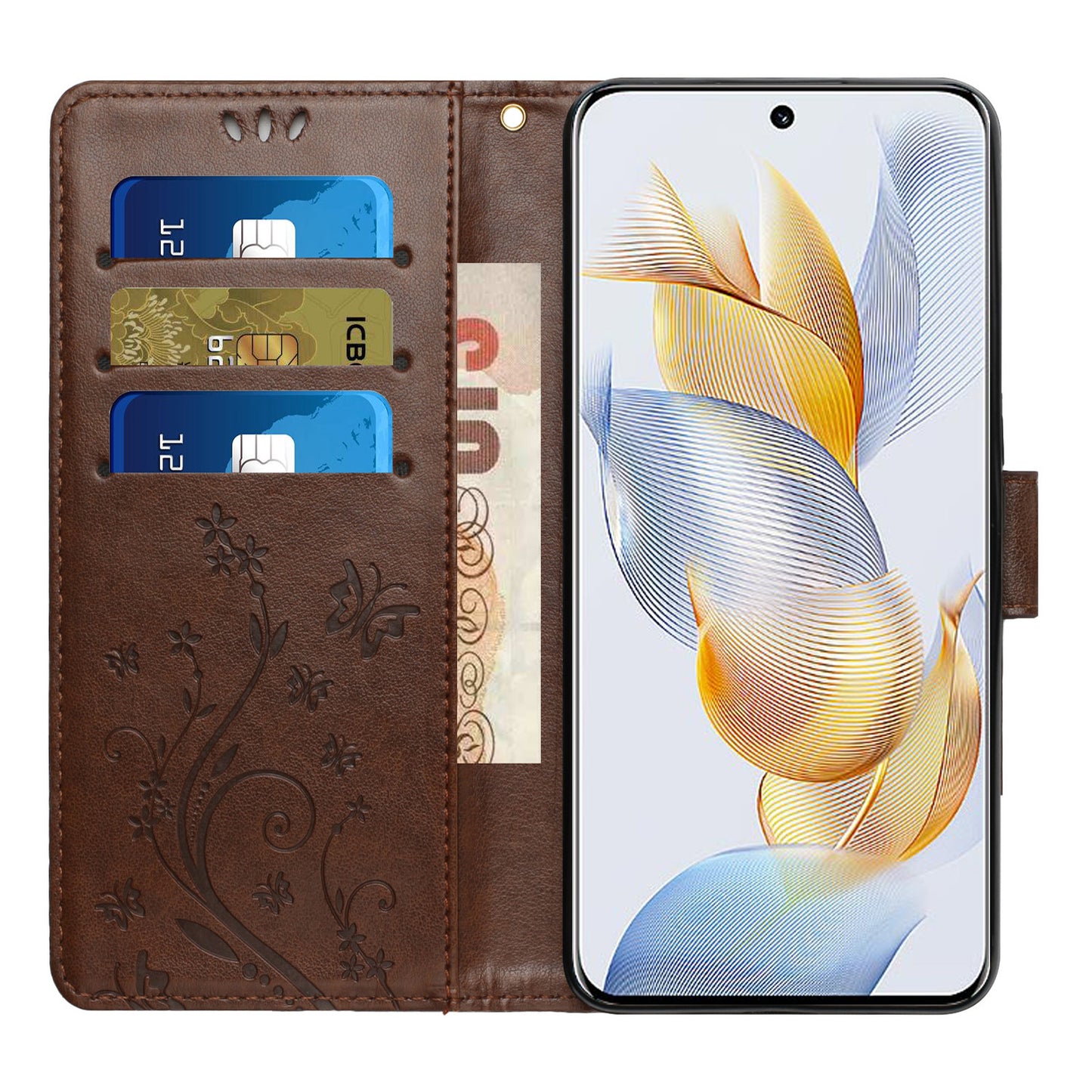 For Honor 90 PU Leather Wallet Cover Drop-proof Butterfly Imprinted Flip Stand Phone Case