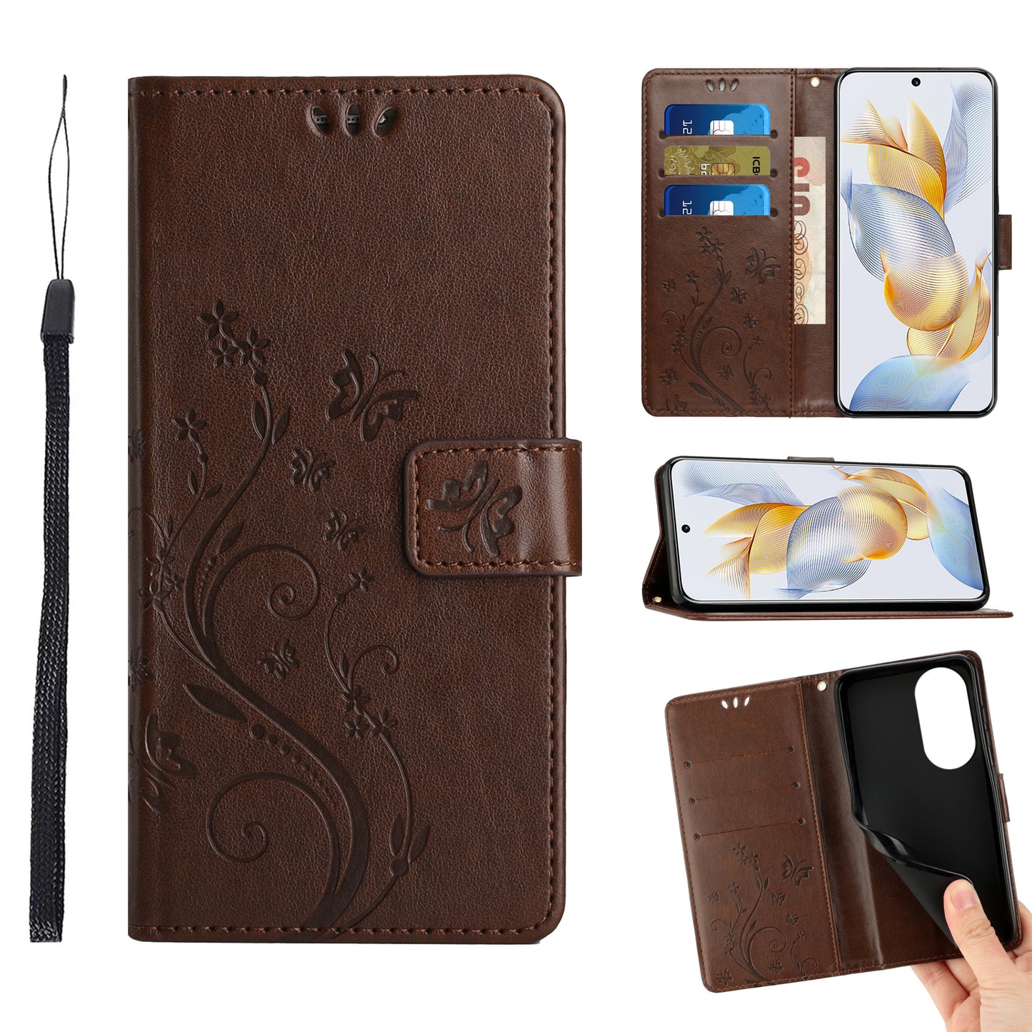 For Honor 90 PU Leather Wallet Cover Drop-proof Butterfly Imprinted Flip Stand Phone Case