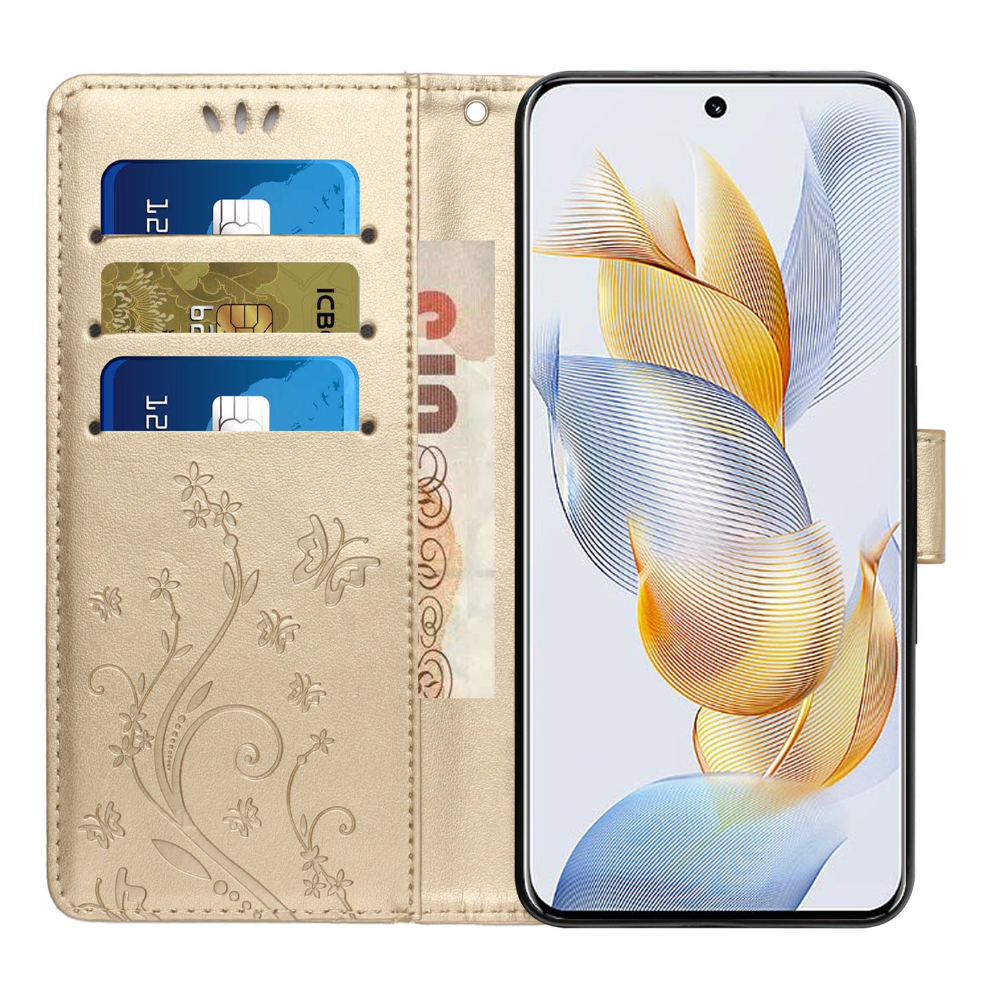 For Honor 90 PU Leather Wallet Cover Drop-proof Butterfly Imprinted Flip Stand Phone Case