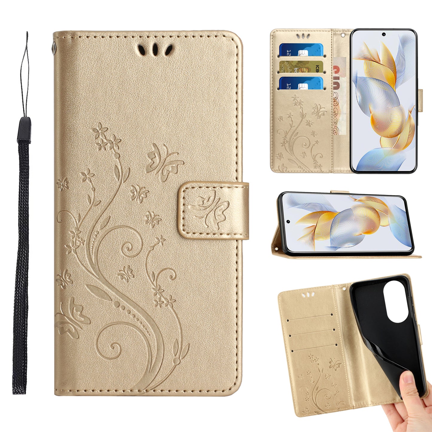 For Honor 90 PU Leather Wallet Cover Drop-proof Butterfly Imprinted Flip Stand Phone Case