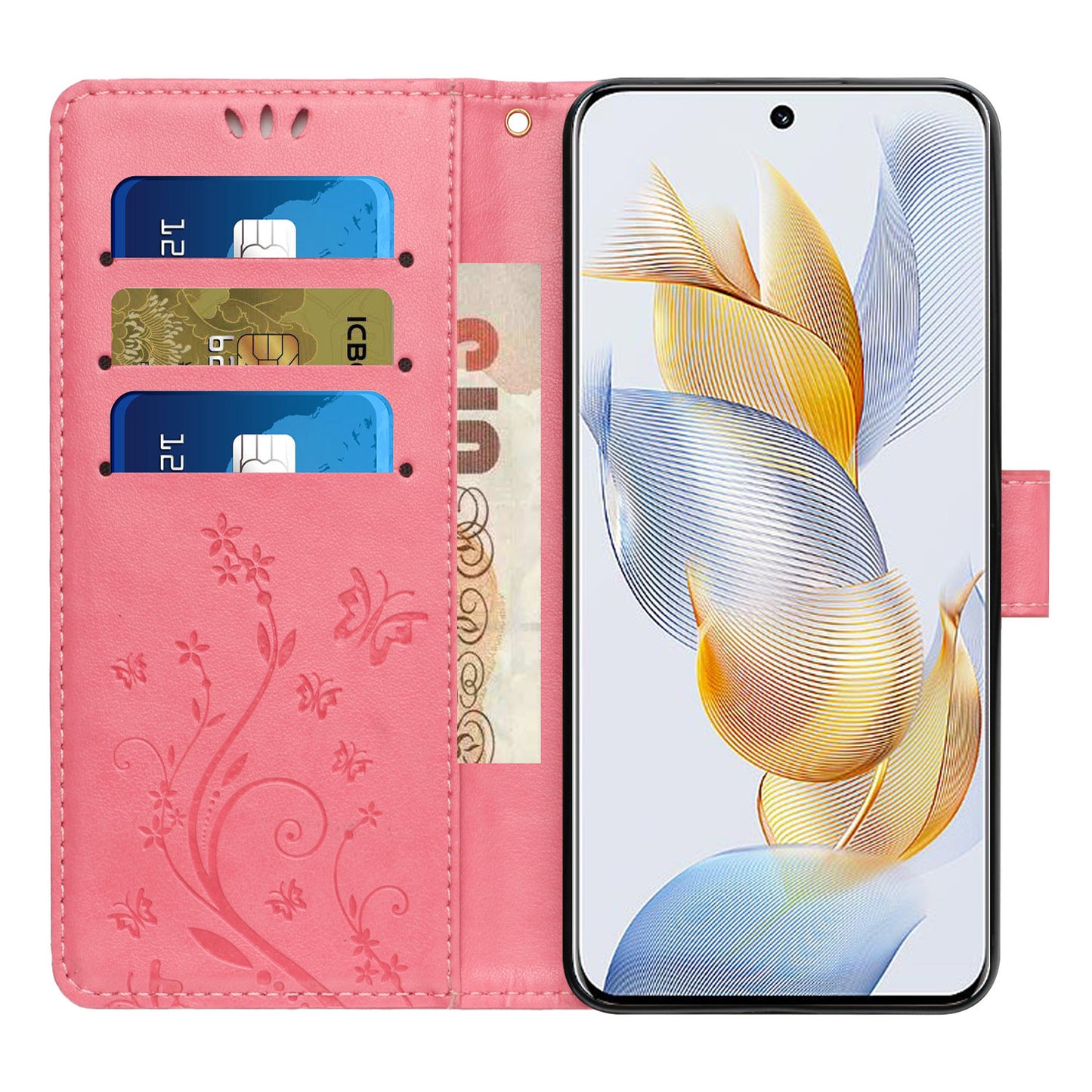 For Honor 90 PU Leather Wallet Cover Drop-proof Butterfly Imprinted Flip Stand Phone Case