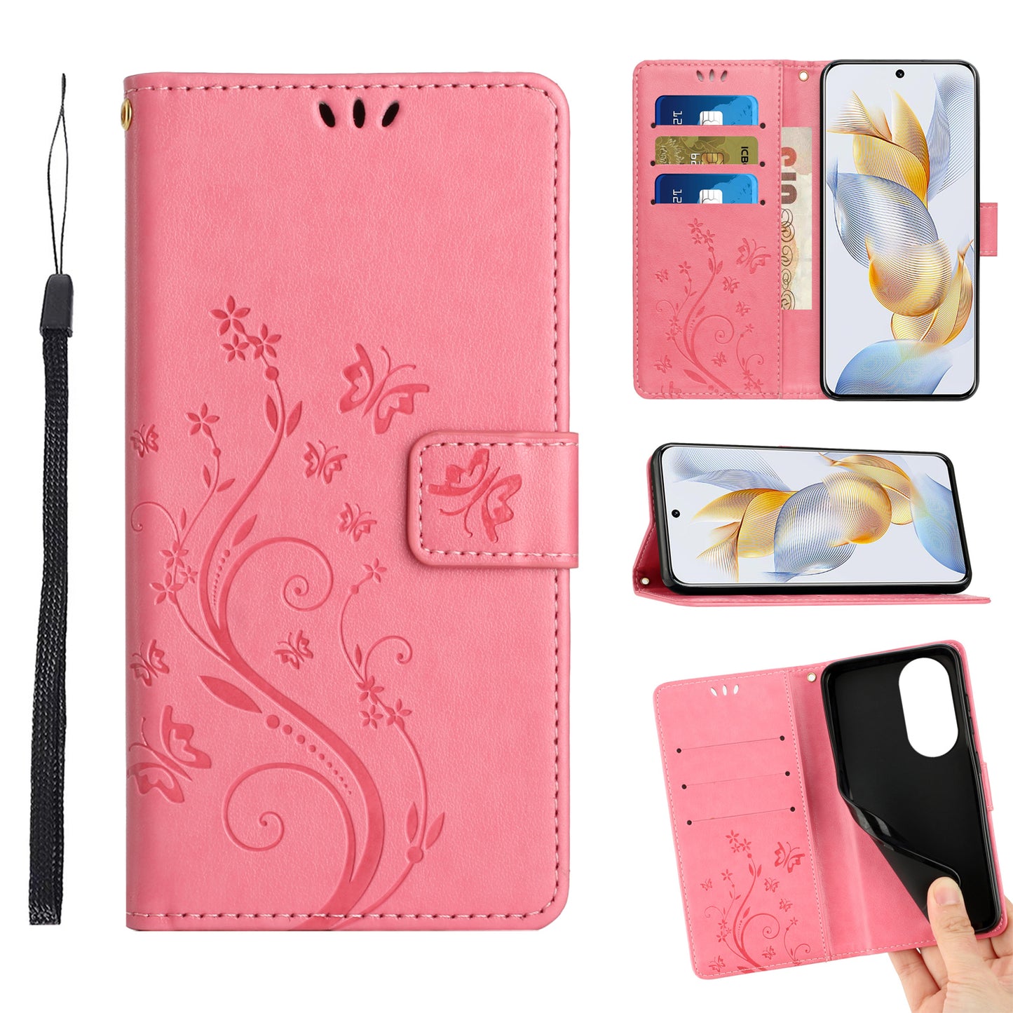 For Honor 90 PU Leather Wallet Cover Drop-proof Butterfly Imprinted Flip Stand Phone Case