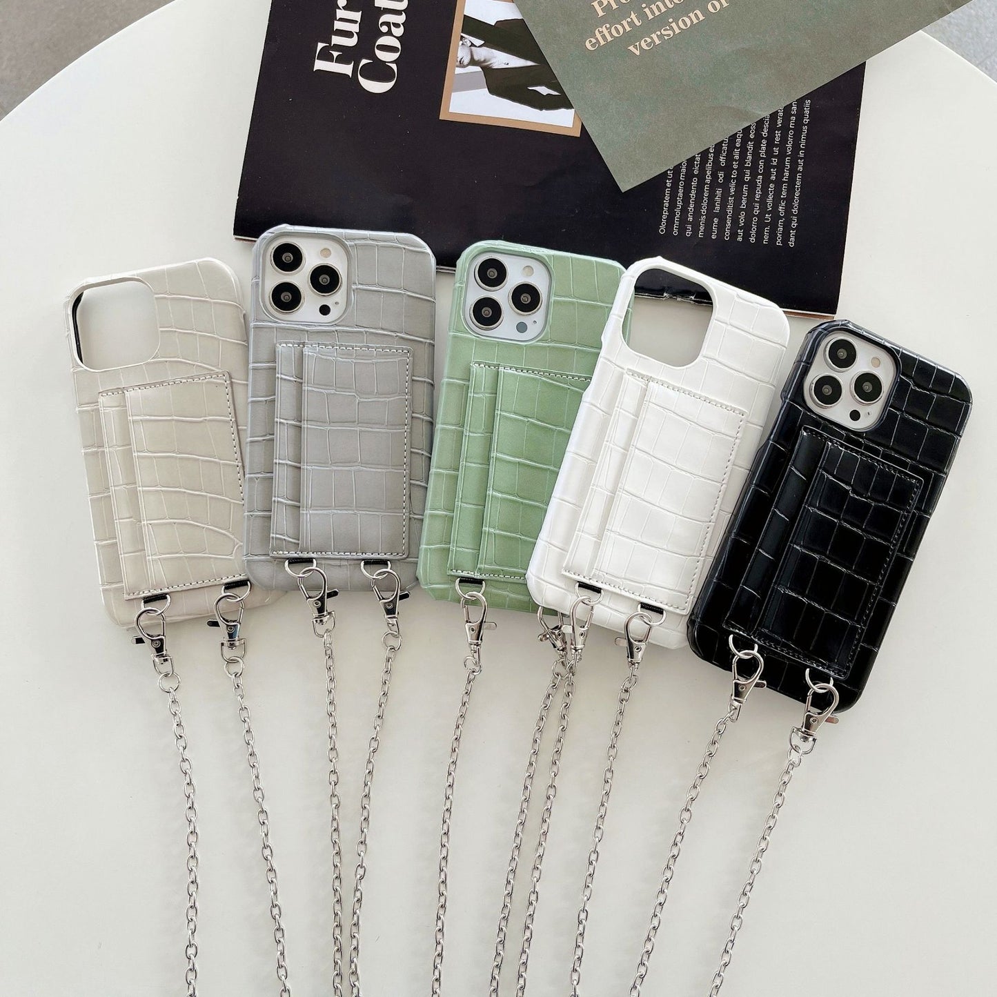 2 Card Slots Phone Case for iPhone 15 Pro Crocodile Textured PU+PC Anti-Drop Phone Protector with Strap