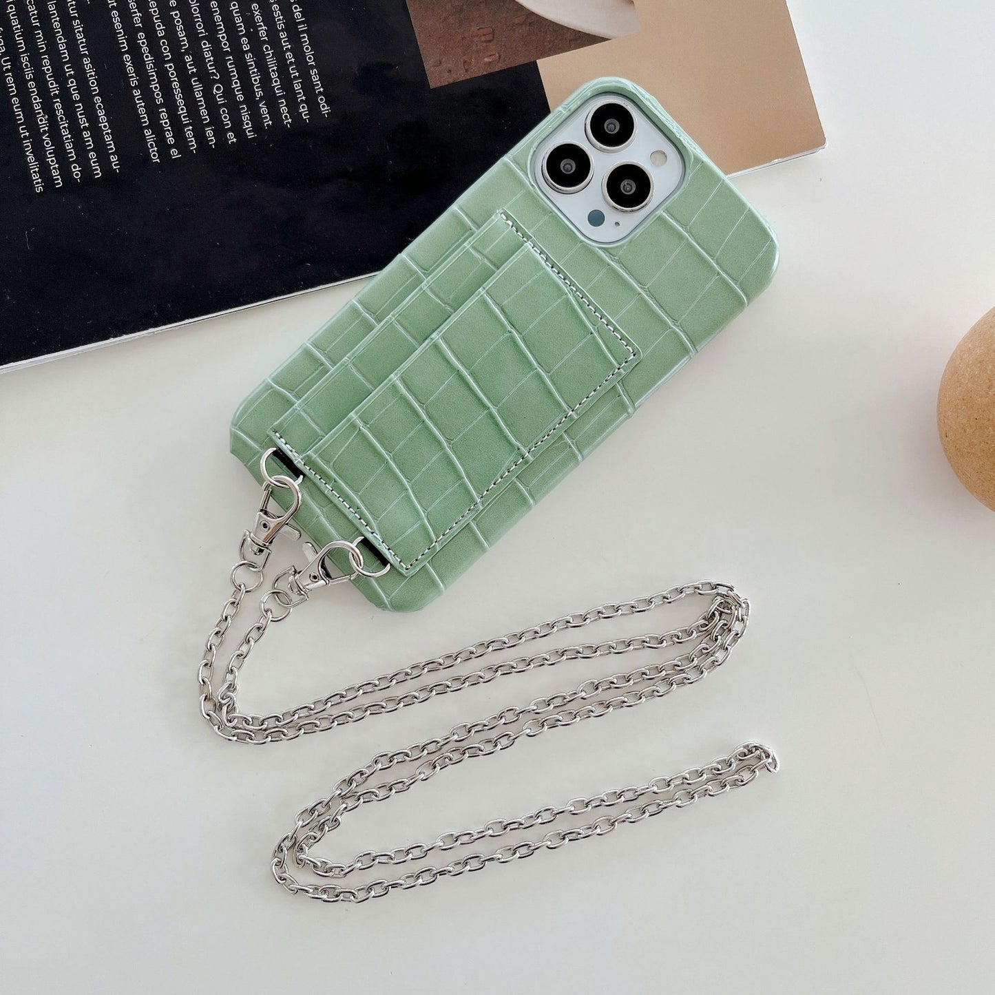2 Card Slots Phone Case for iPhone 15 Pro Crocodile Textured PU+PC Anti-Drop Phone Protector with Strap