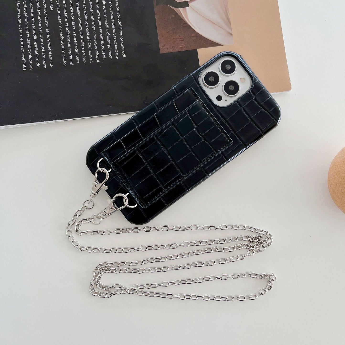 2 Card Slots Anti-Drop Phone Case for iPhone 15 Pro Max Crocodile Textured PU+PC Phone Cover with Strap