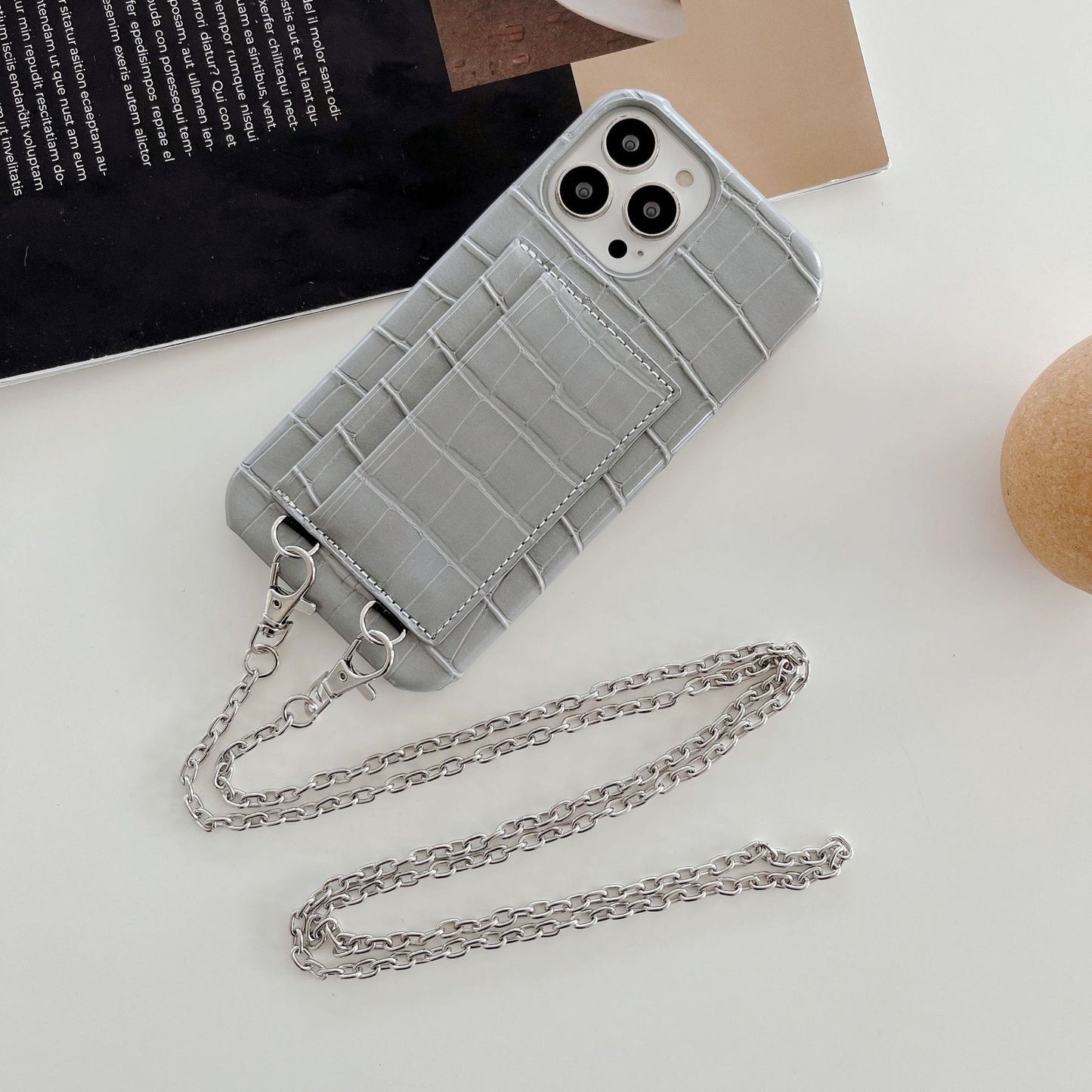2 Card Slots Anti-Drop Phone Case for iPhone 15 Pro Max Crocodile Textured PU+PC Phone Cover with Strap