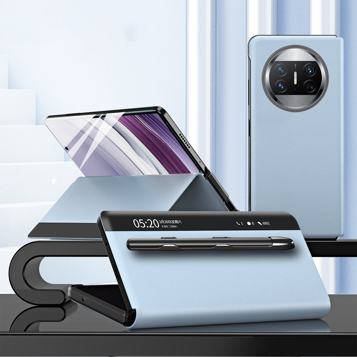 Leather Case with Stylus for Huawei Mate X5 , View Window Foldable Stand Phone Cover