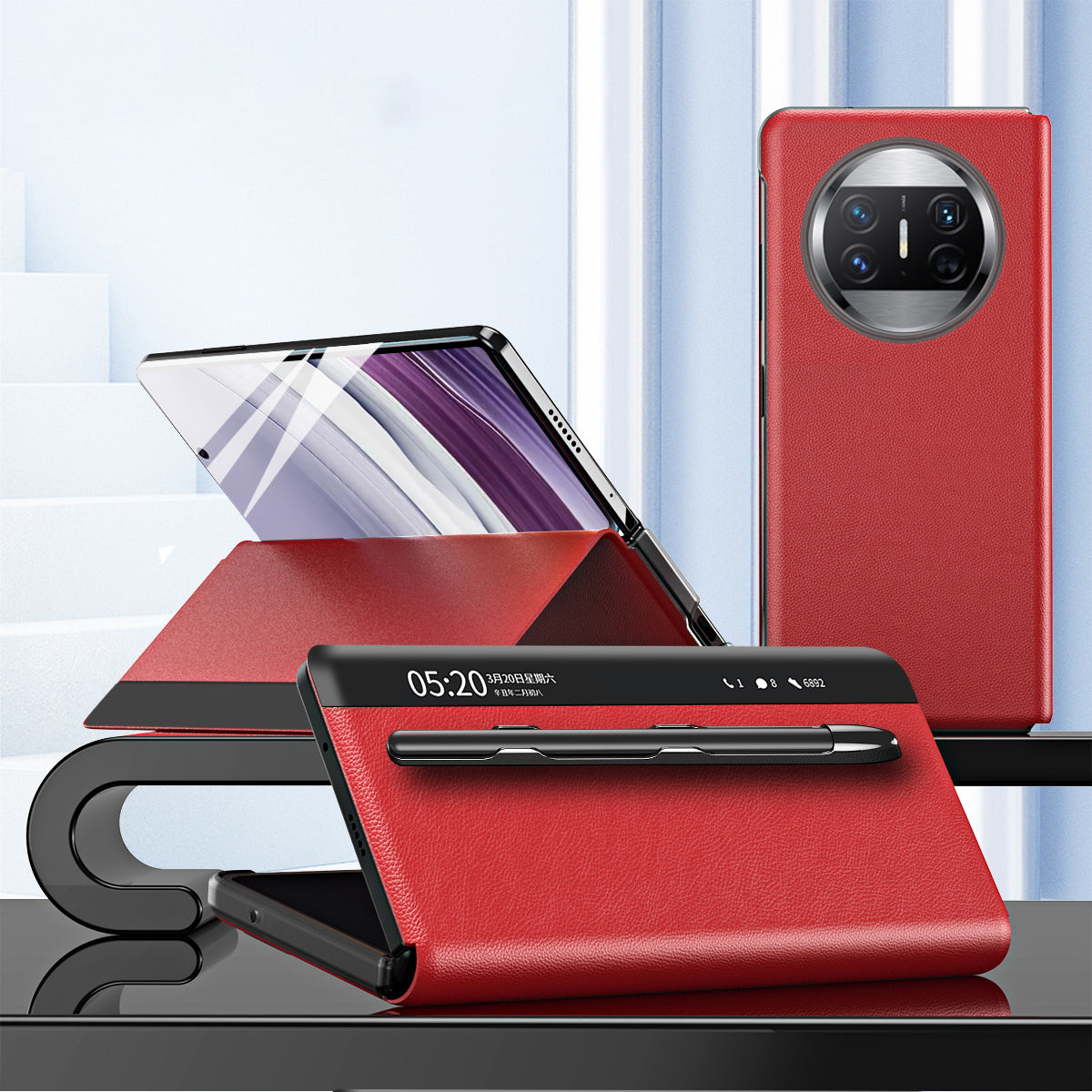 Leather Case with Stylus for Huawei Mate X5 , View Window Foldable Stand Phone Cover
